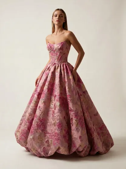 #3704 Rosemarnder Rose Pink Jacquard Flowers Prom Dress 