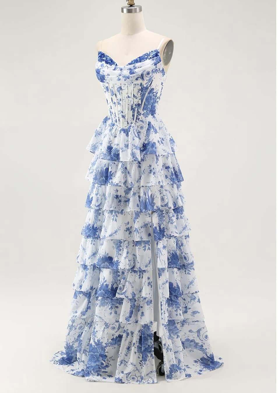 couture lee #3712 blue white flower a-line prom dress