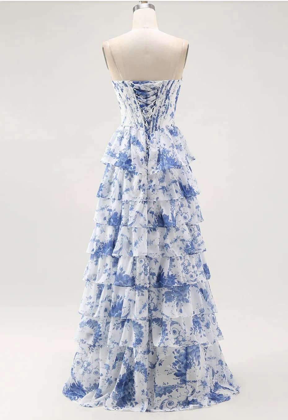 couture lee #3712 blue white flower a-line prom dress