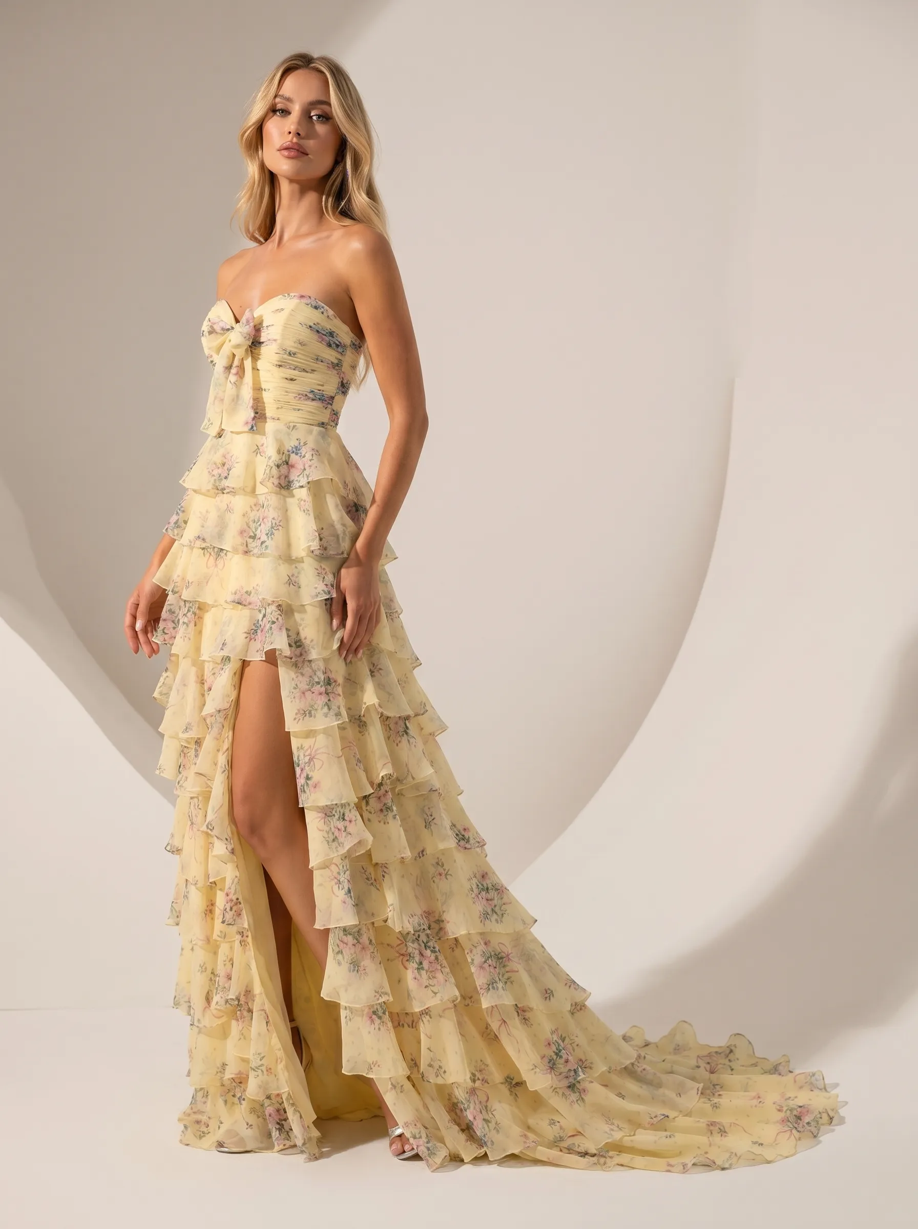 Floral Chiffon A-Line Prom Dress | Strapless Ruffle Skirt Gown with Slit #3715  