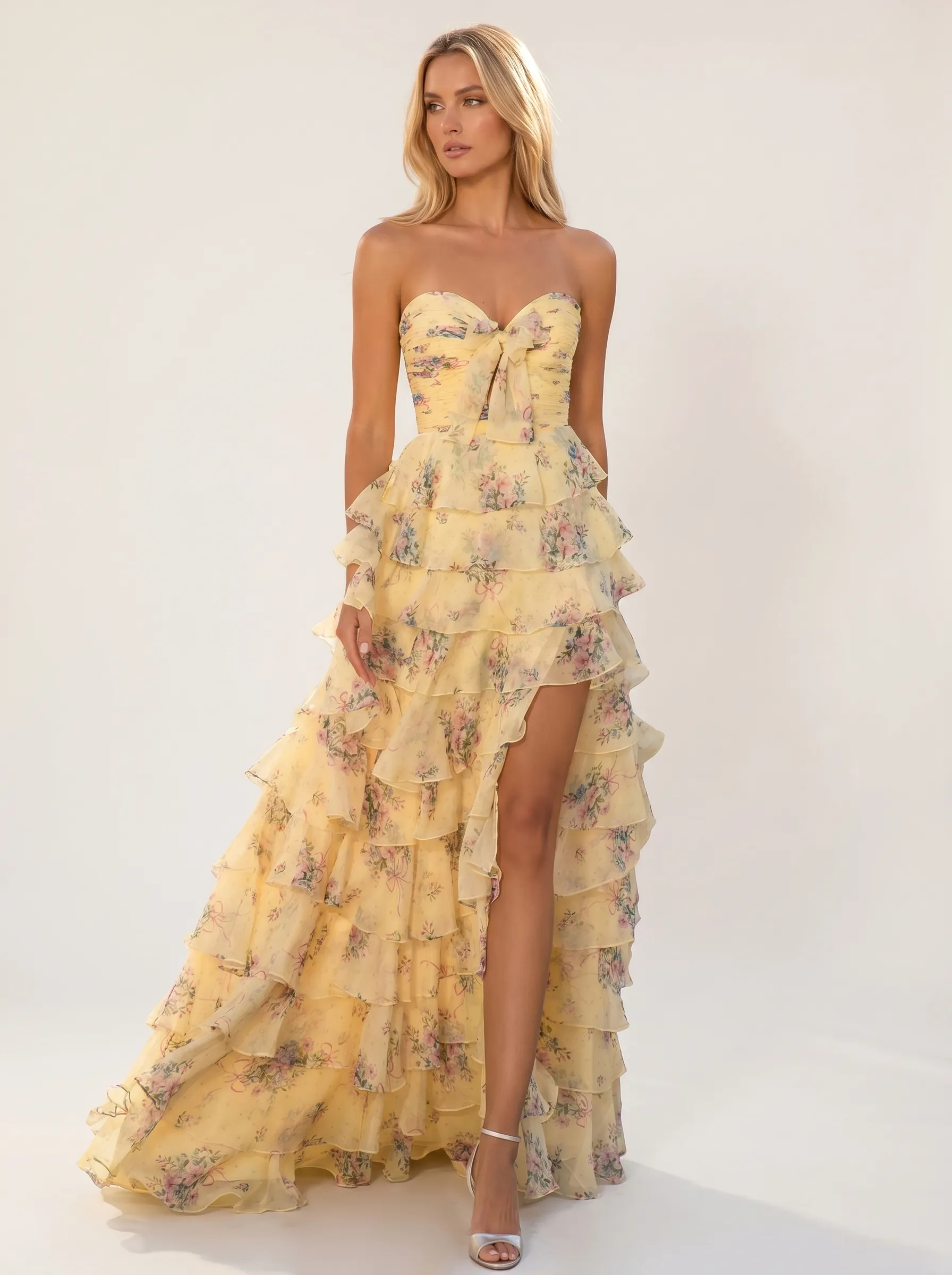 Floral Chiffon A-Line Prom Dress | Strapless Ruffle Skirt Gown with Slit #3715  