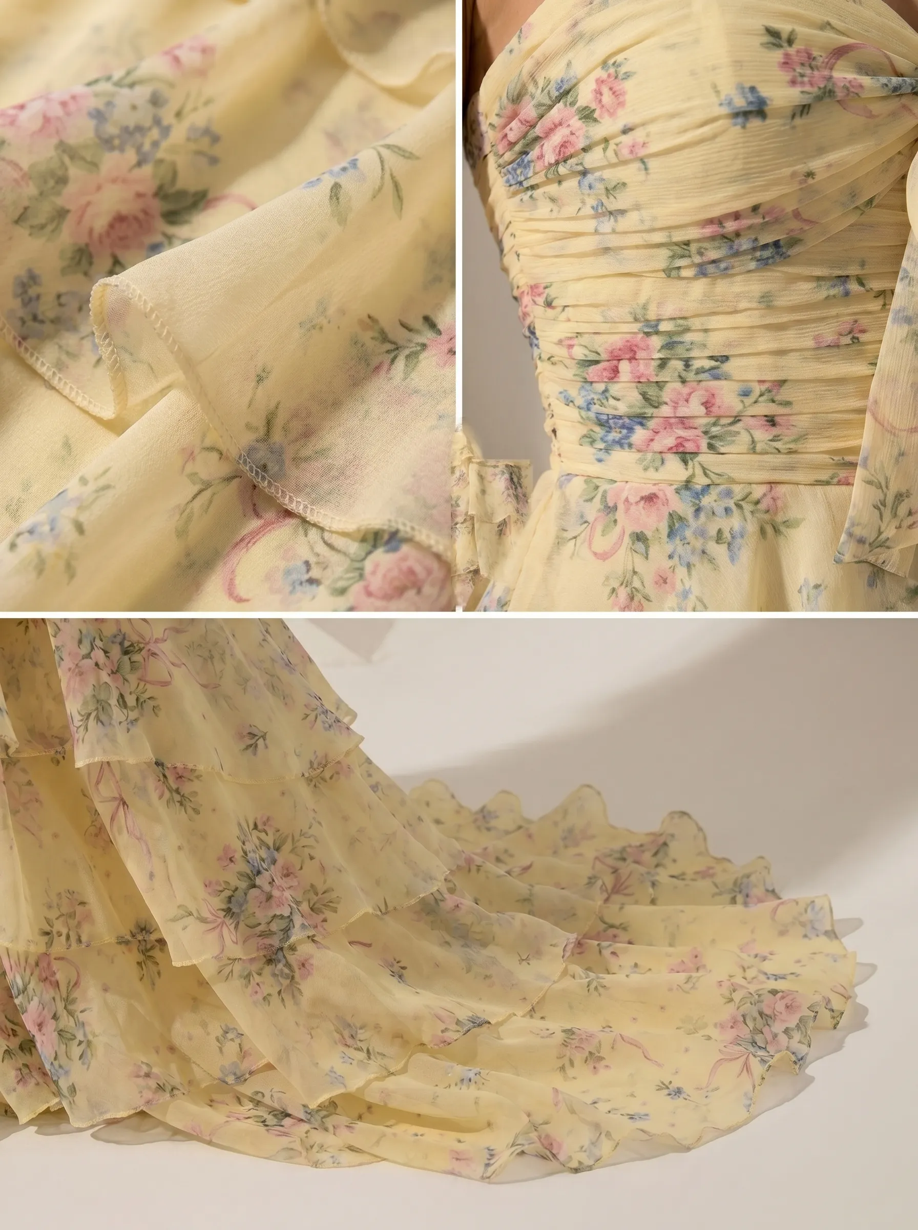 Floral Chiffon A-Line Prom Dress | Strapless Ruffle Skirt Gown with Slit #3715  