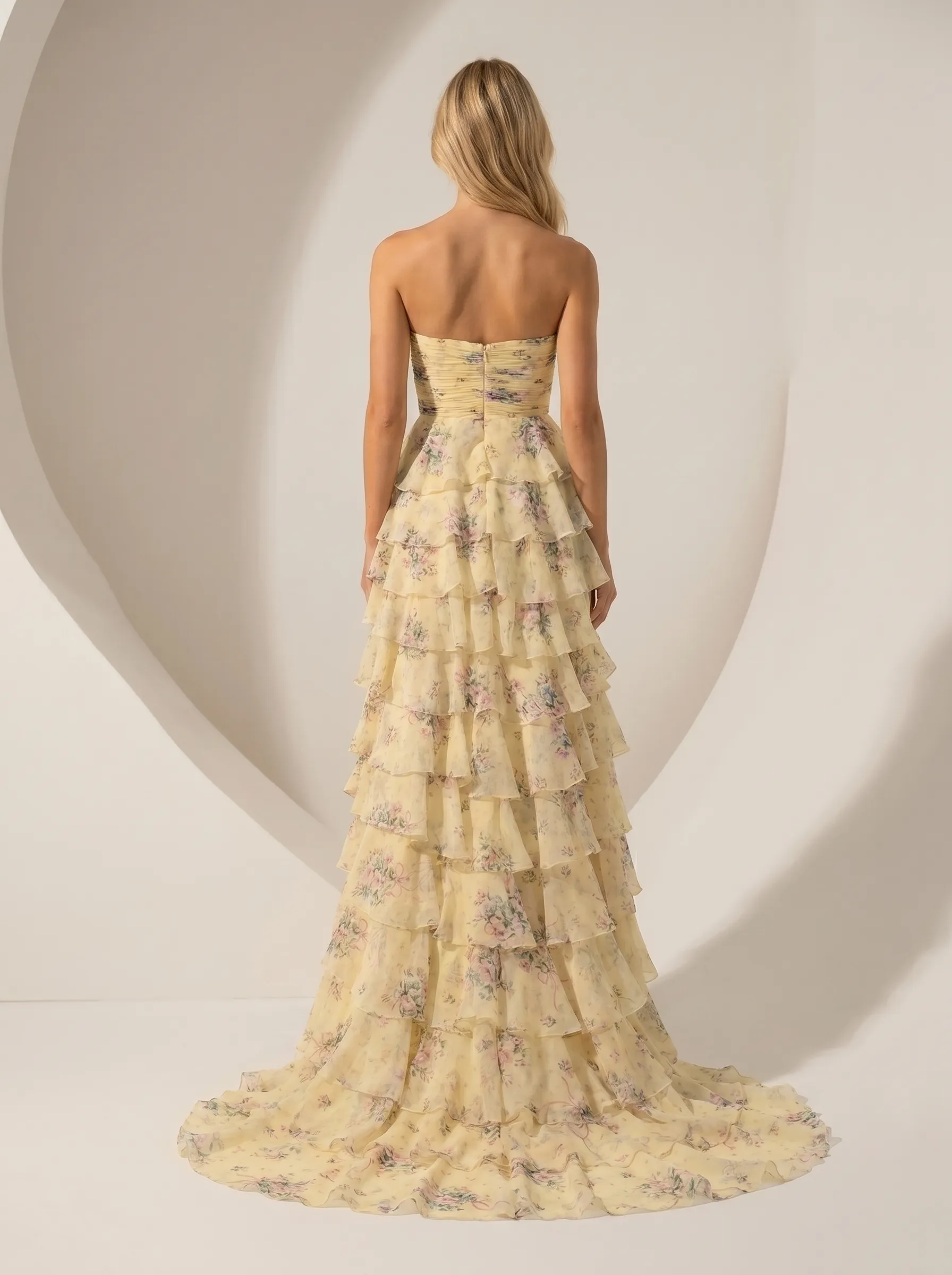 Floral Chiffon A-Line Prom Dress | Strapless Ruffle Skirt Gown with Slit #3715  