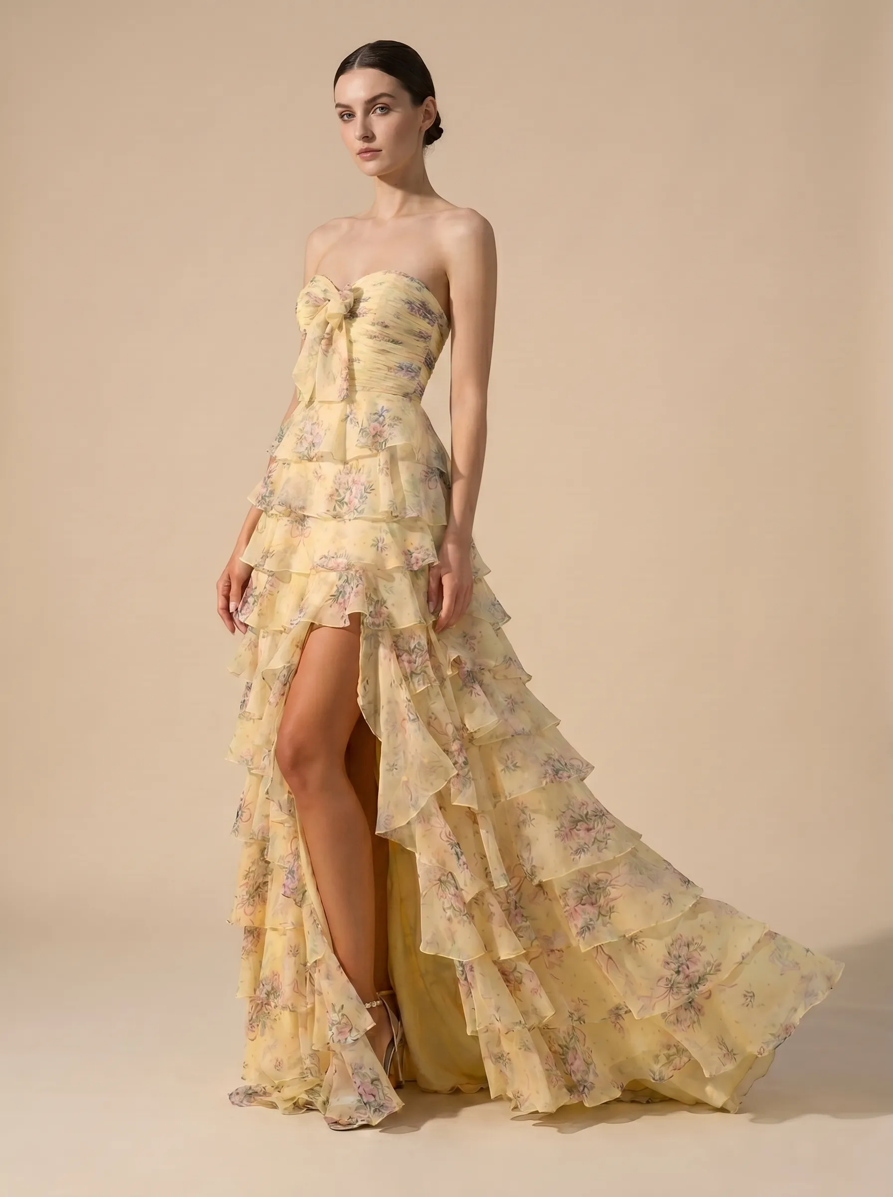 Floral Chiffon A-Line Prom Dress | Strapless Ruffle Skirt Gown with Slit #3715  