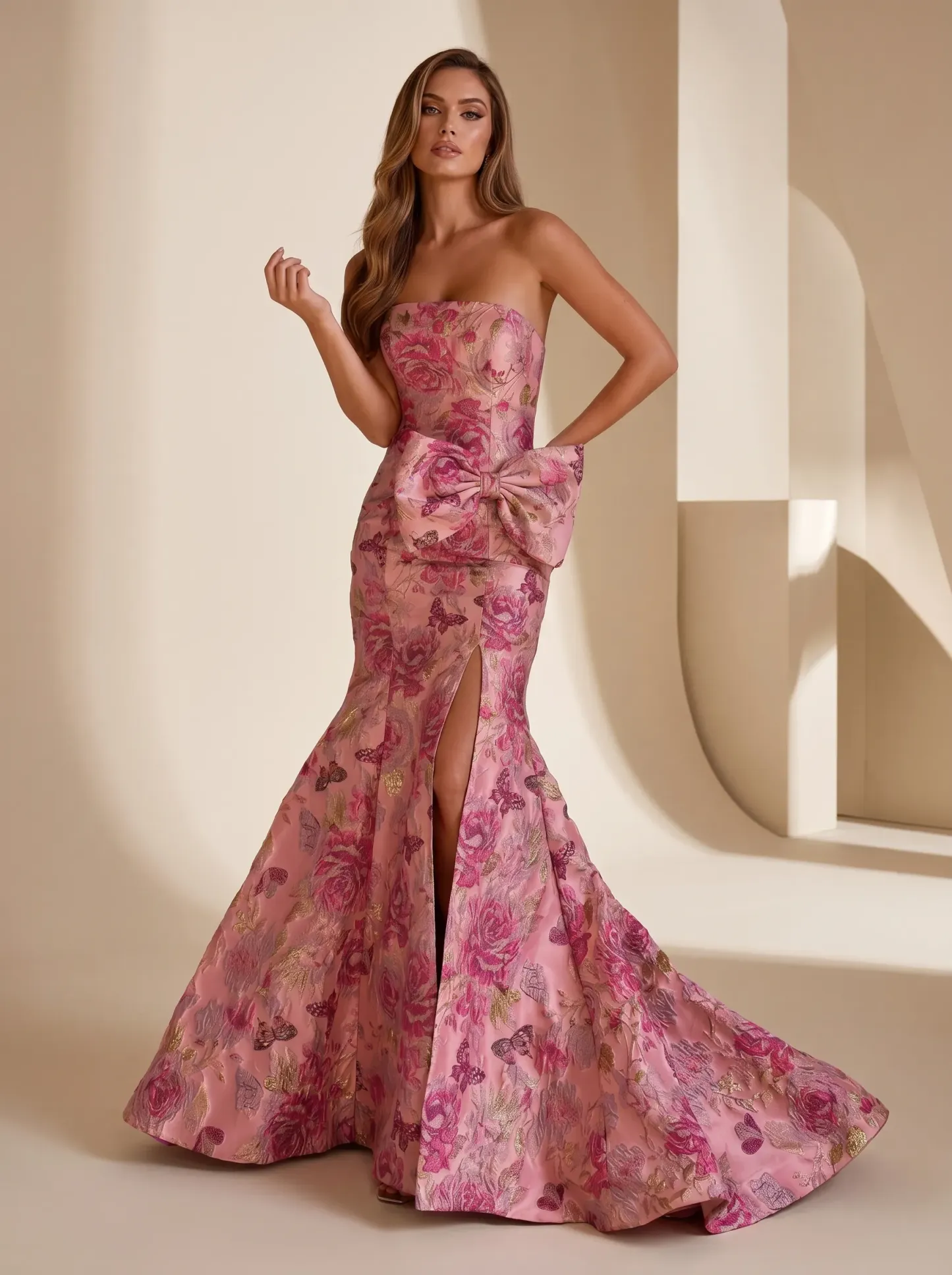 Mermaid Prom Dress 2026 | Strapless Brocade Gown with Dramatic Side Bow #3717