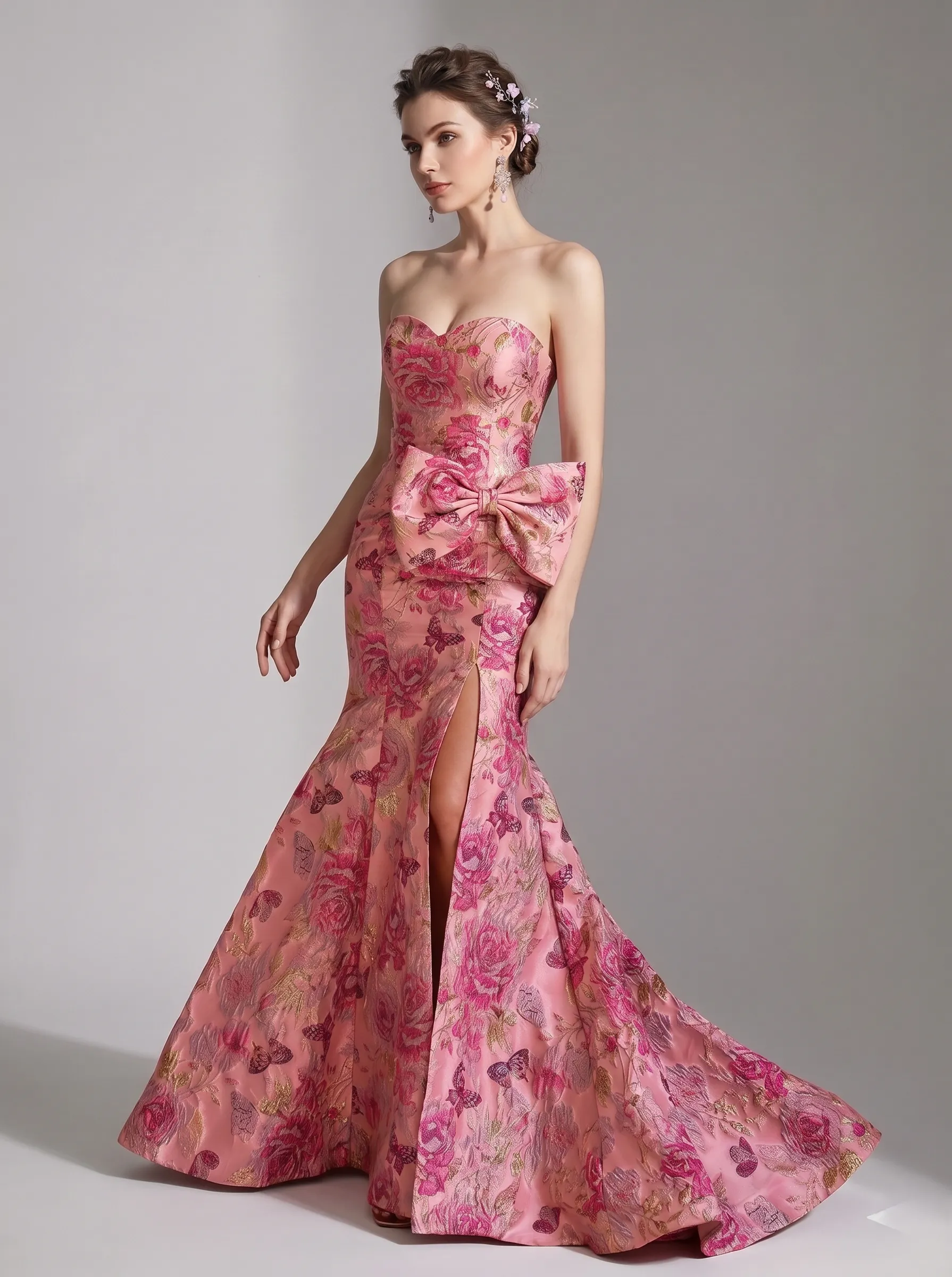 Mermaid Prom Dress 2026 | Strapless Brocade Gown with Dramatic Side Bow #3717