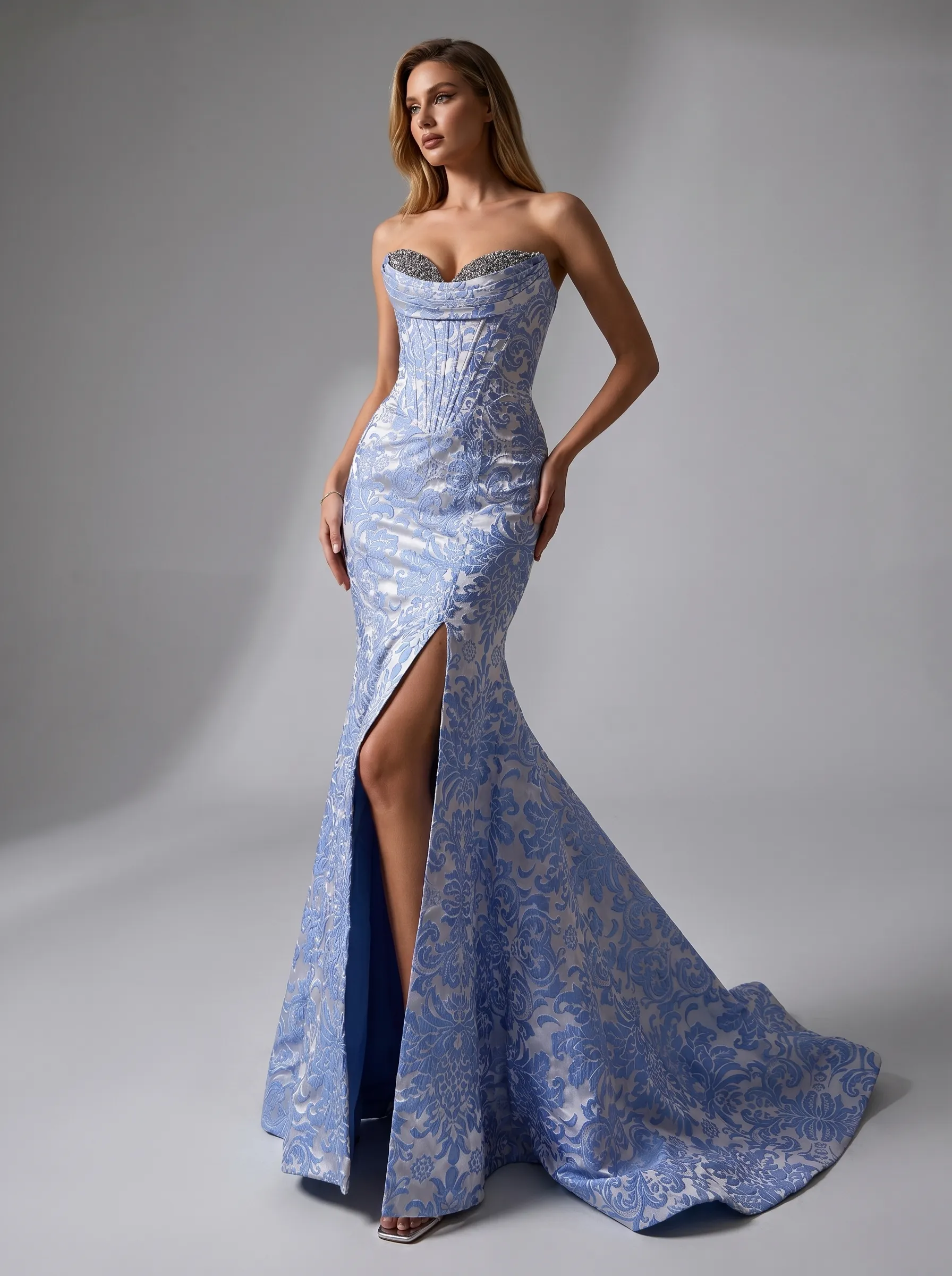 Beaded Brocade Mermaid Prom Dress | Strapless Fitted Gown with Side Slit #3720