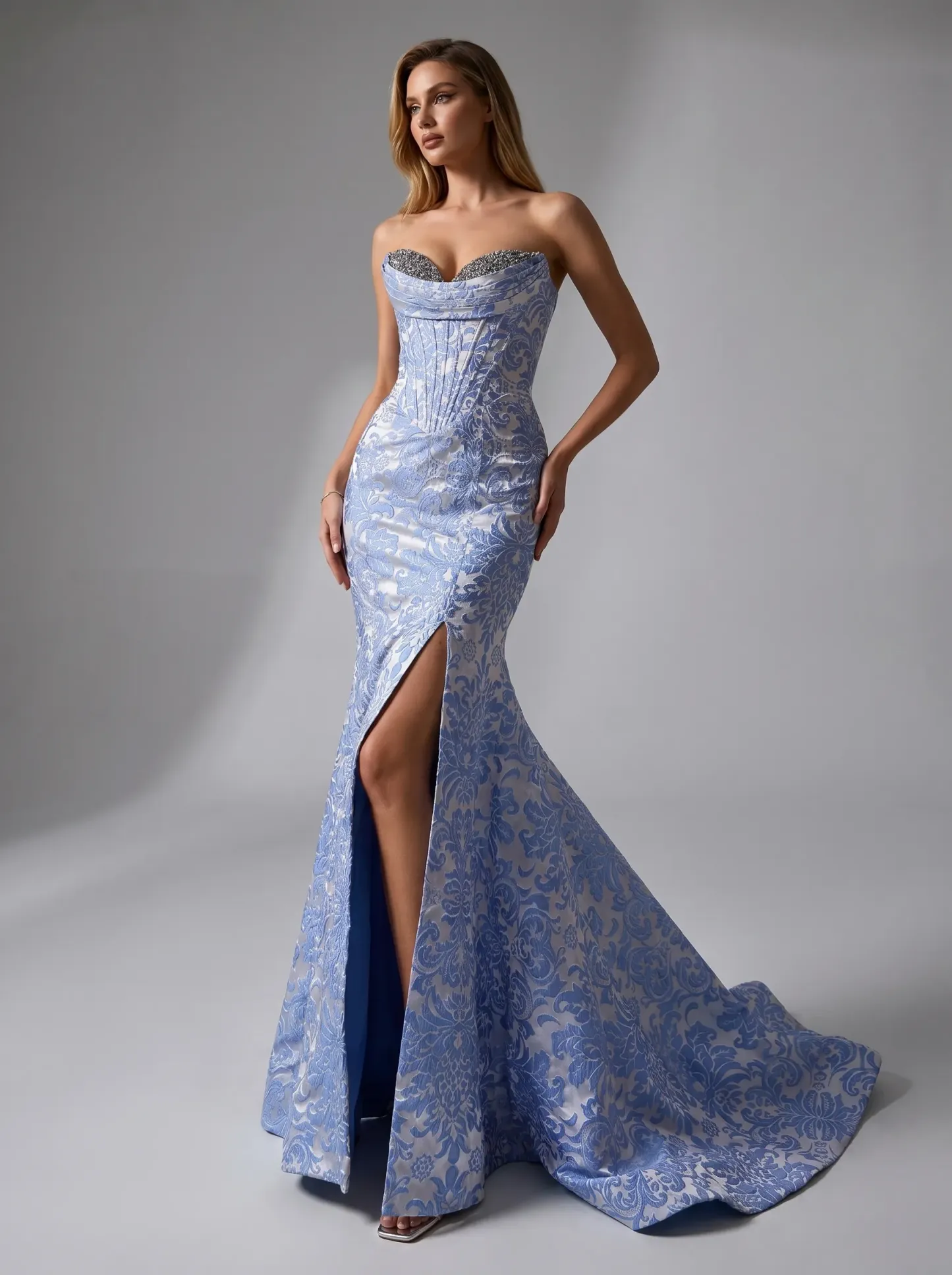 Beaded Brocade Mermaid Prom Dress | Strapless Fitted Gown with Side Slit #3720