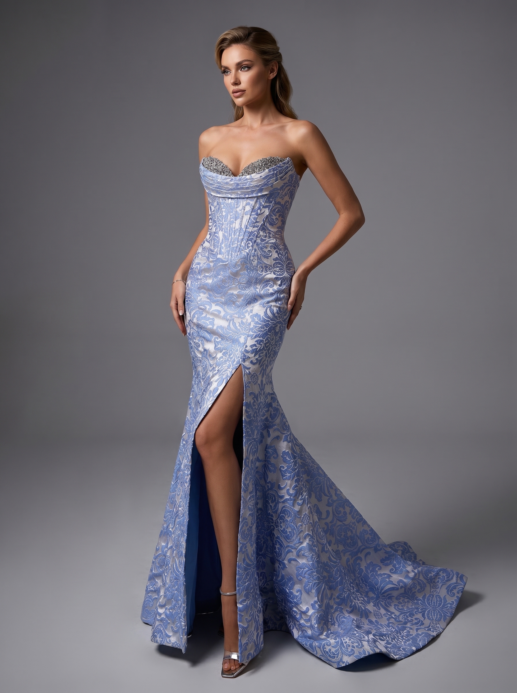 Beaded Brocade Mermaid Prom Dress | Strapless Fitted Gown with Side Slit #3720