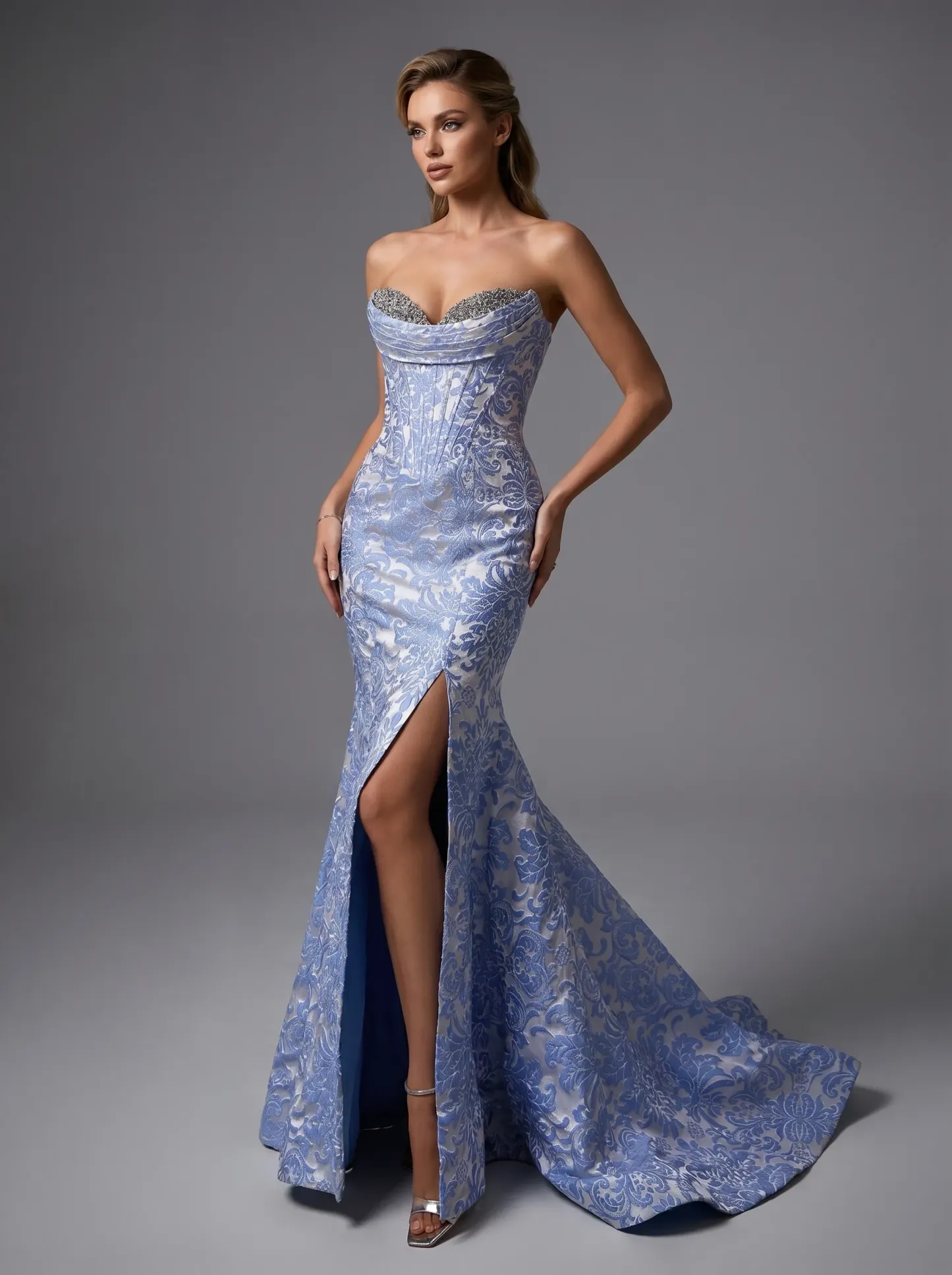 Beaded Brocade Mermaid Prom Dress | Strapless Fitted Gown with Side Slit #3720