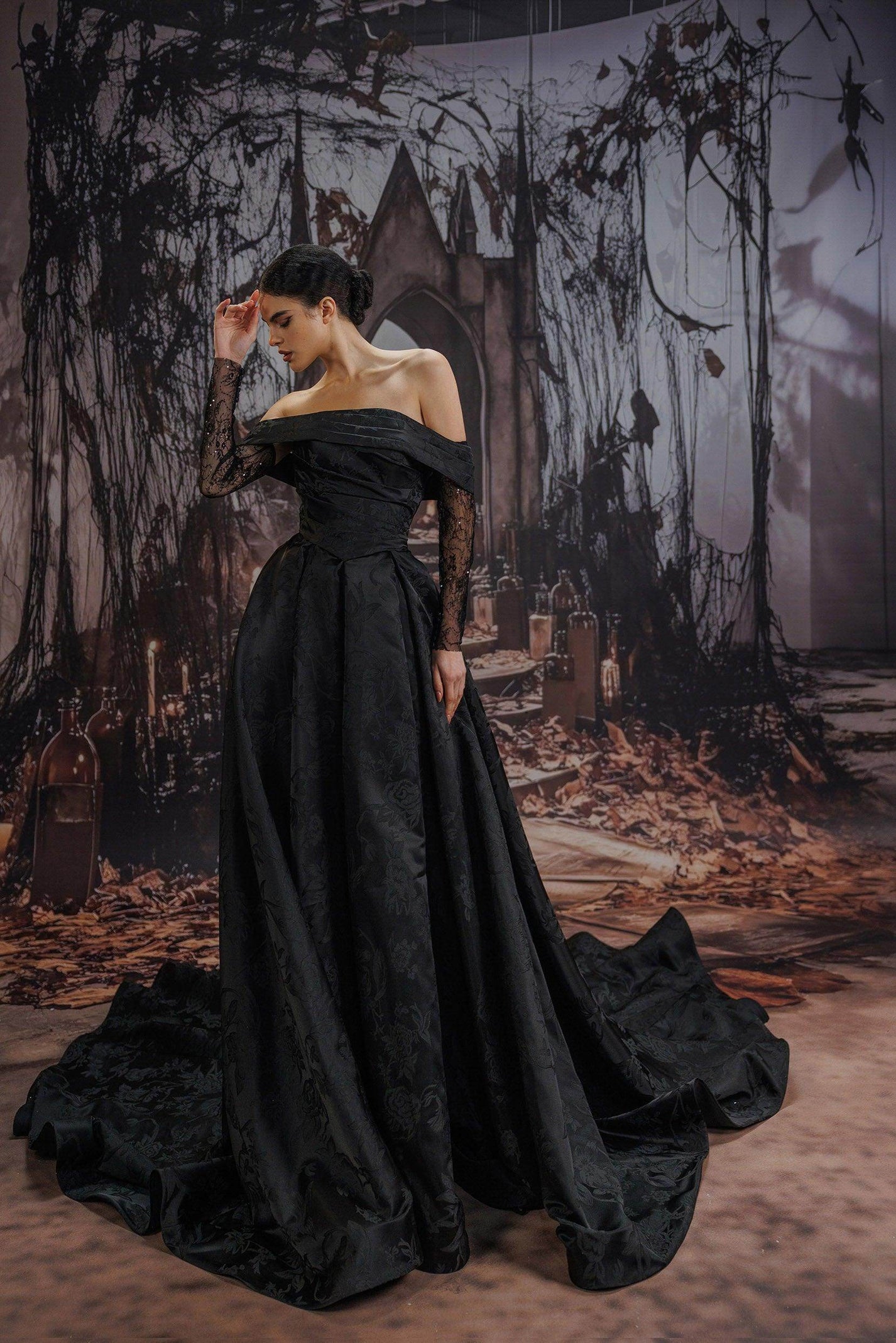 A-Line Court Train Jacquard Satin Lace Wedding Dress VBCW3526