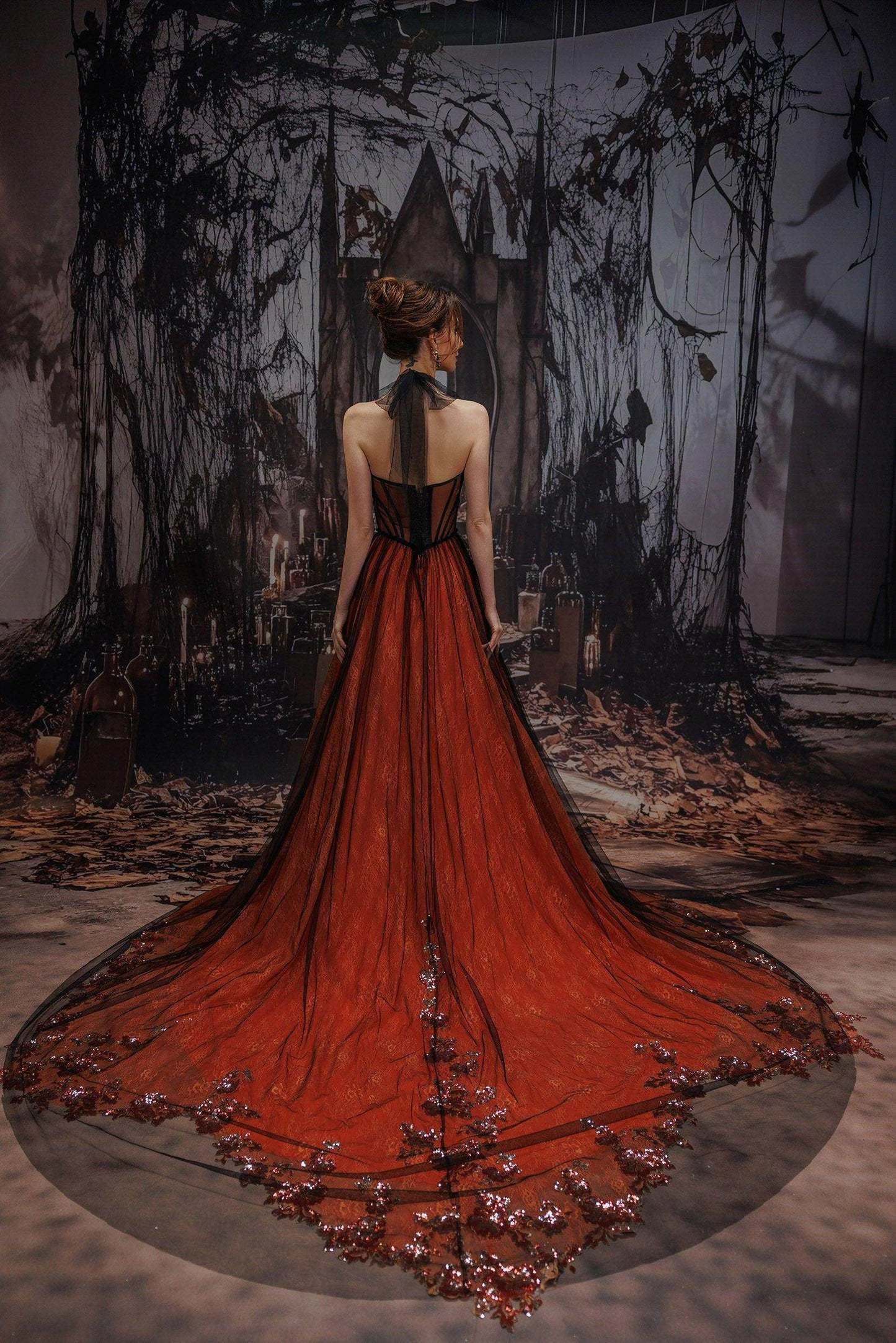 A-Line Chapel Train Sequined Lace Tulle Wedding Dress VBCW3348