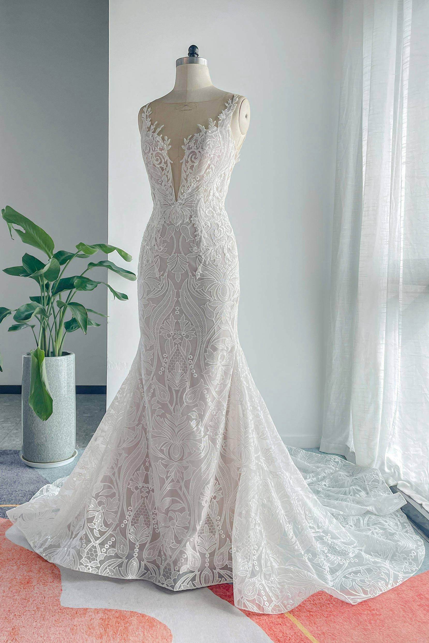 Trumpet-Mermaid Chapel Train Lace Tulle Wedding Dress VBCW3145