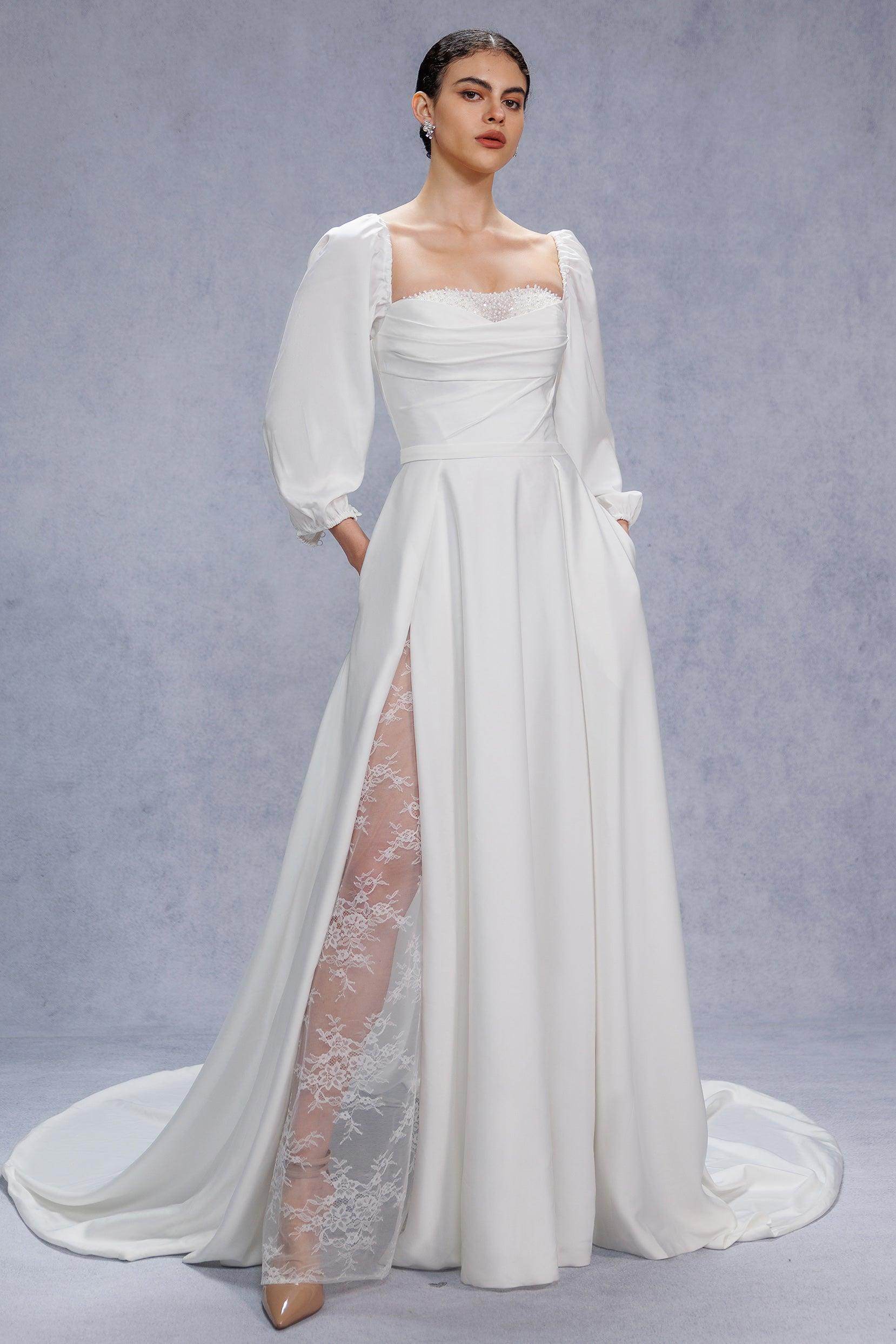 A-Line Court Train Satin Wedding Dress VBCW3329