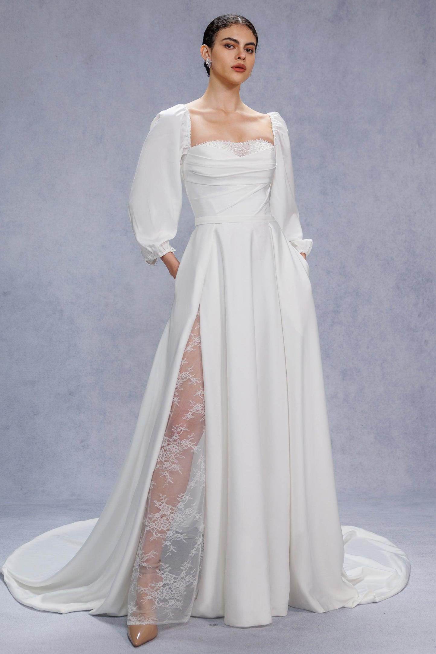 A-Line Court Train Satin Wedding Dress VBCW3329