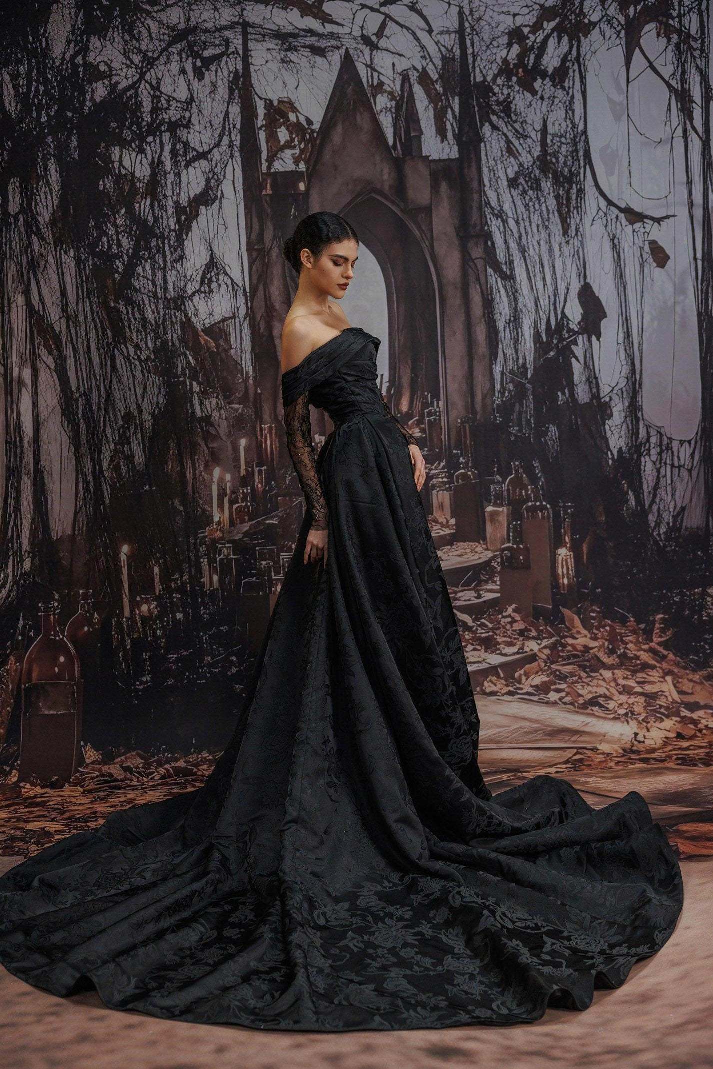 A-Line Court Train Jacquard Satin Lace Wedding Dress VBCW3526