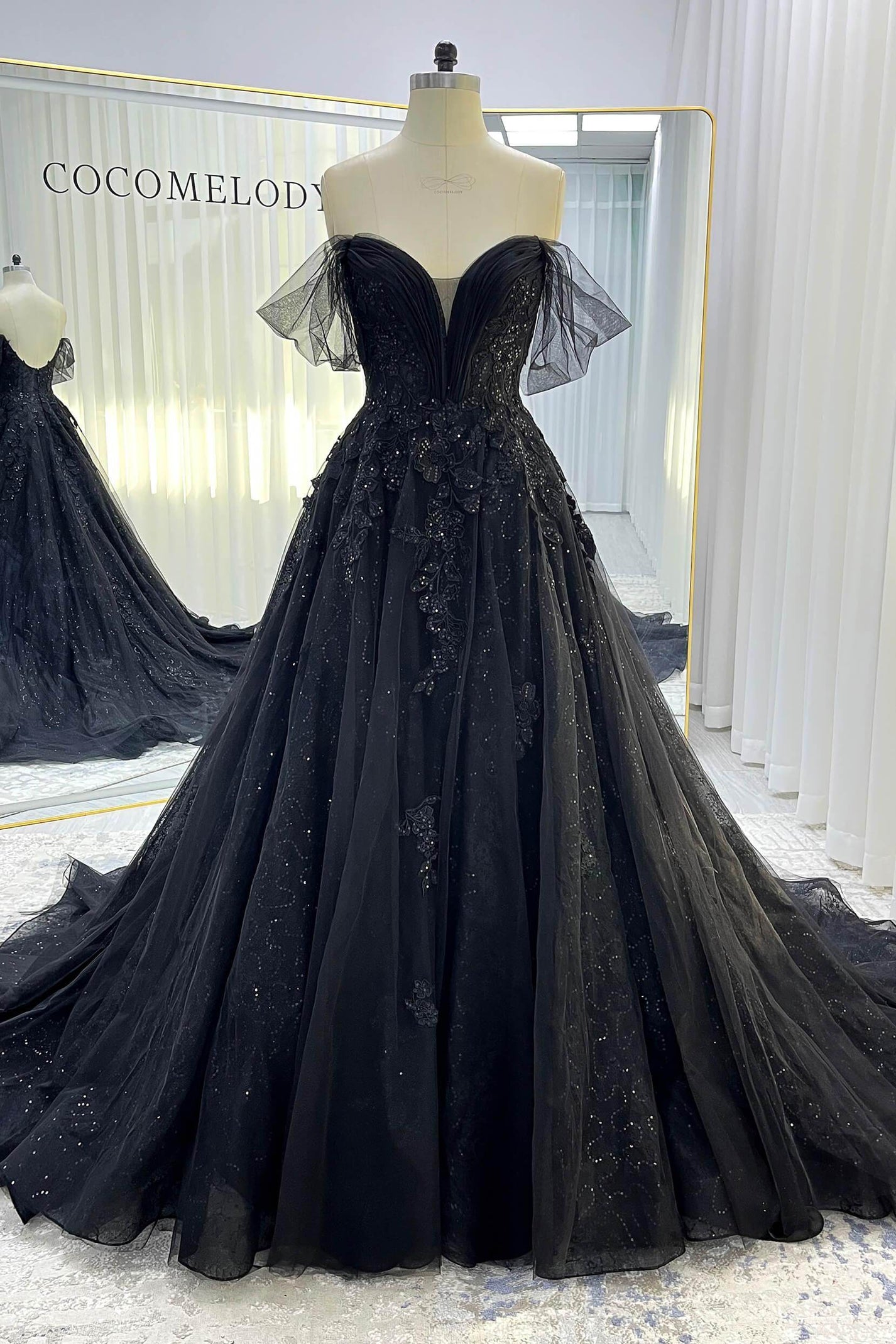 A-Line Court Train Sparkle Tulle Wedding Dress VBCW3527