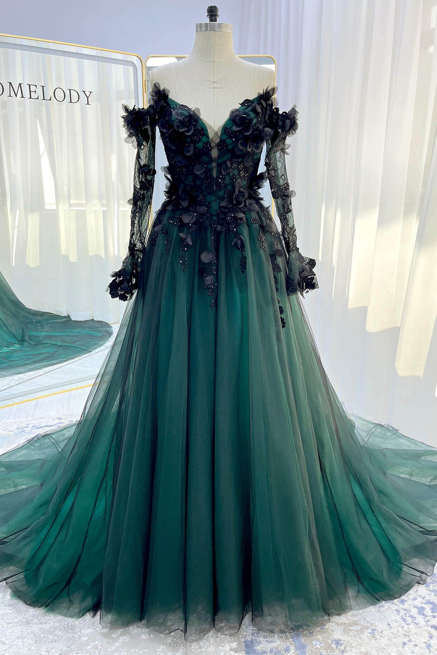 A-Line Chapel Train Sequined Lace Tulle Wedding Dress VBCW3347