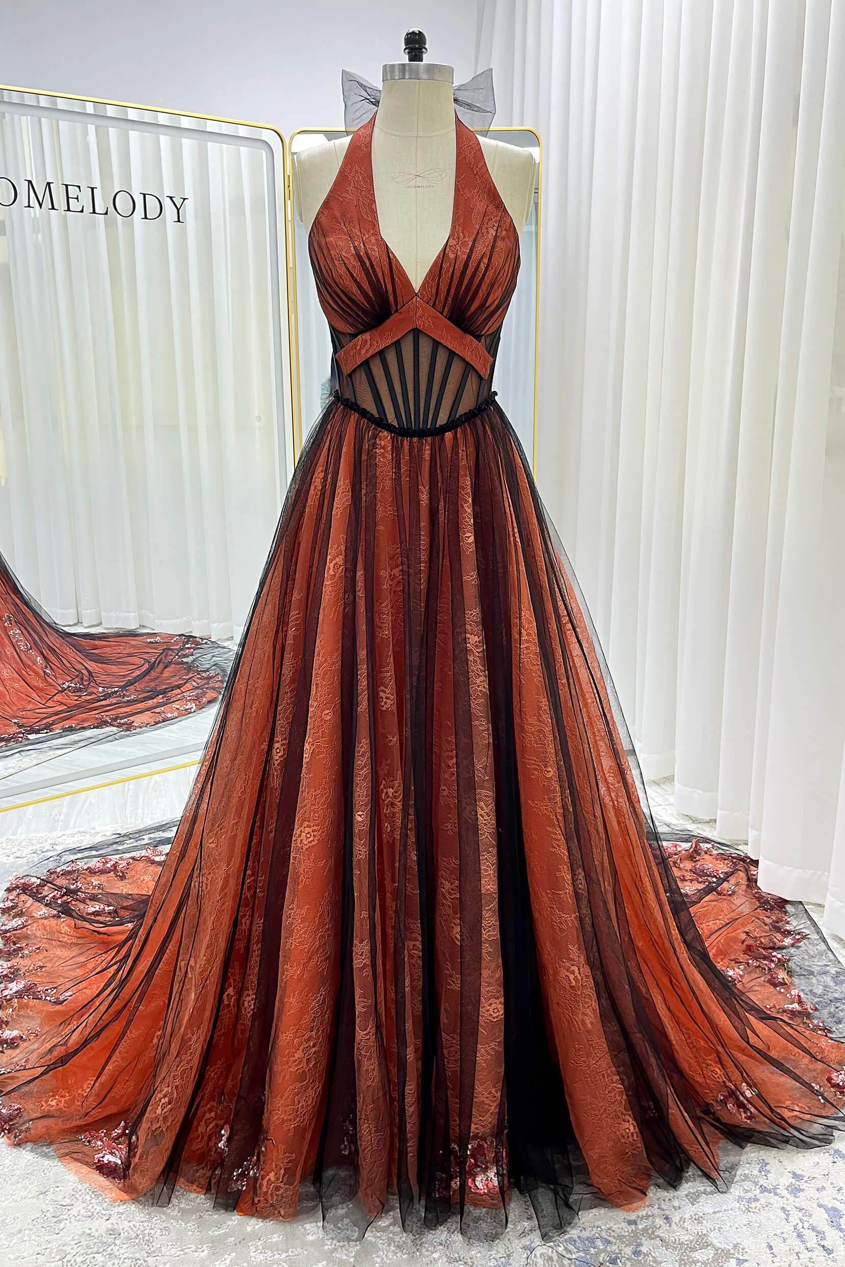 A-Line Chapel Train Sequined Lace Tulle Wedding Dress VBCW3348