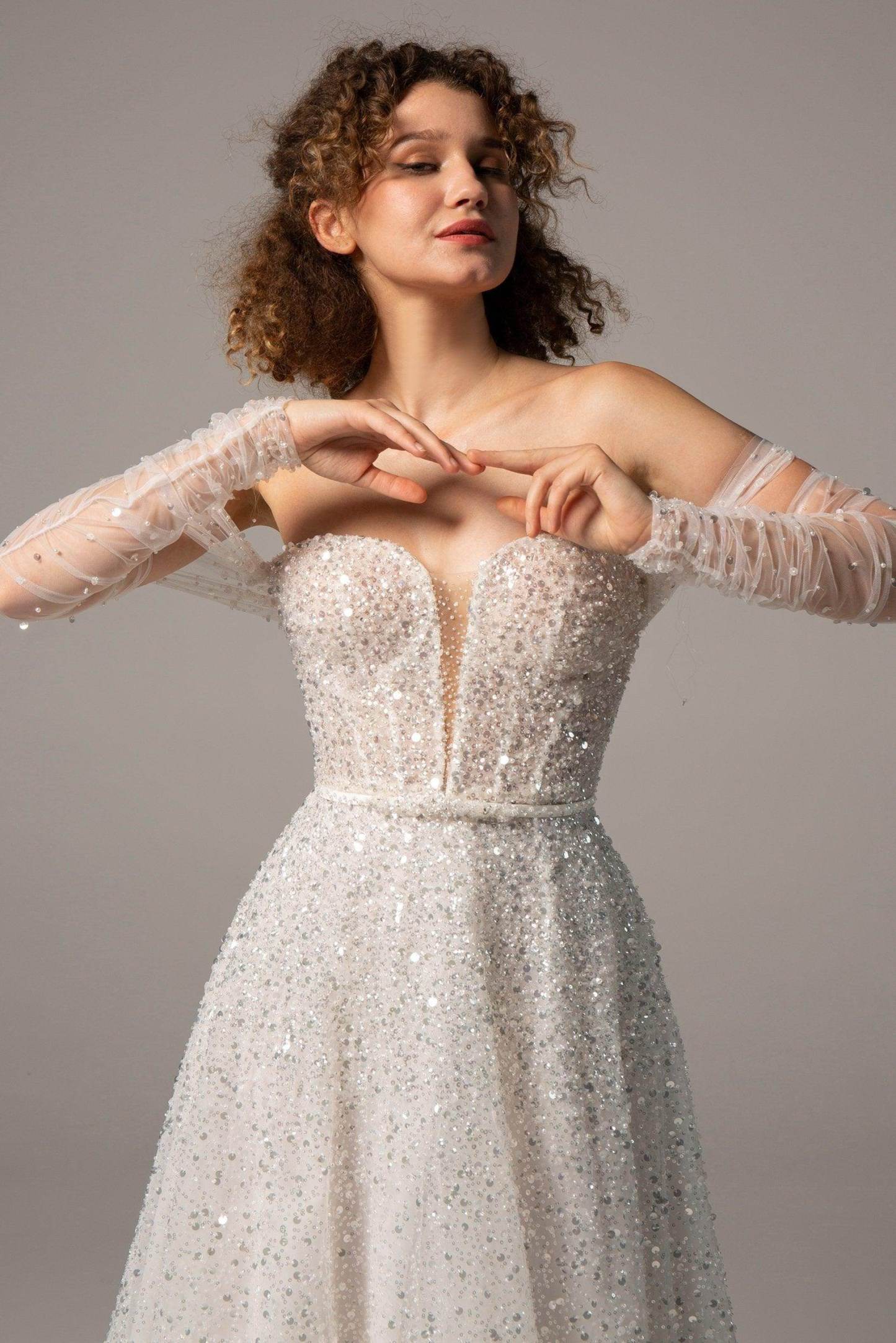 A-Line Court Train Sequined Wedding Dress VBCW2381