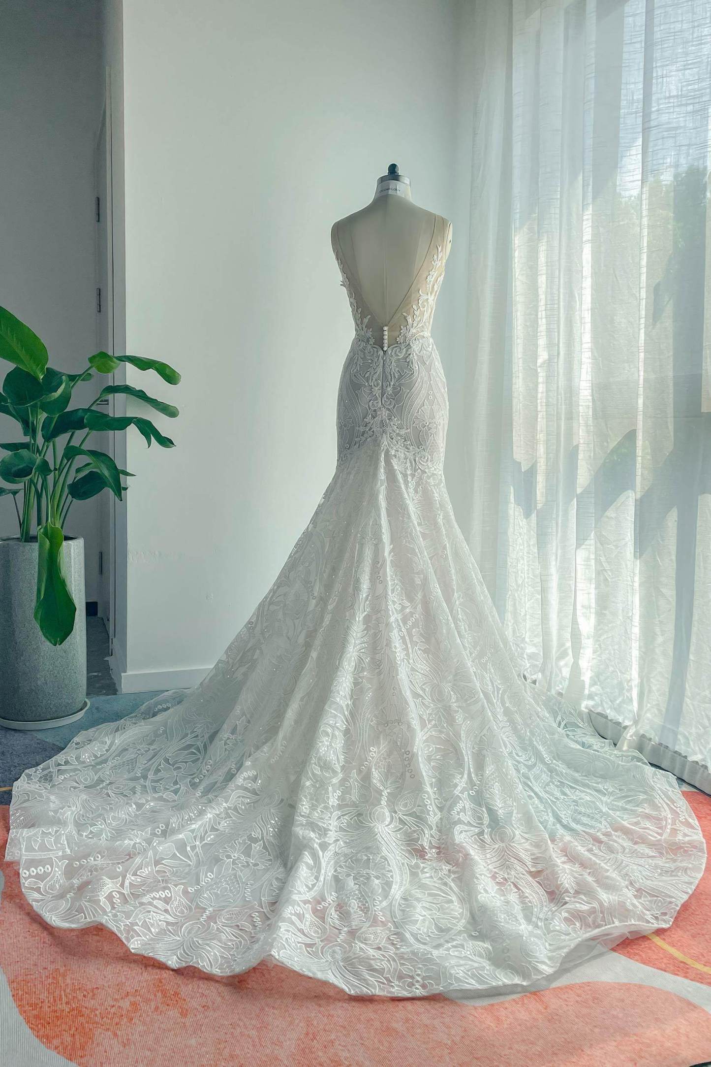 Trumpet-Mermaid Chapel Train Lace Tulle Wedding Dress VBCW3145