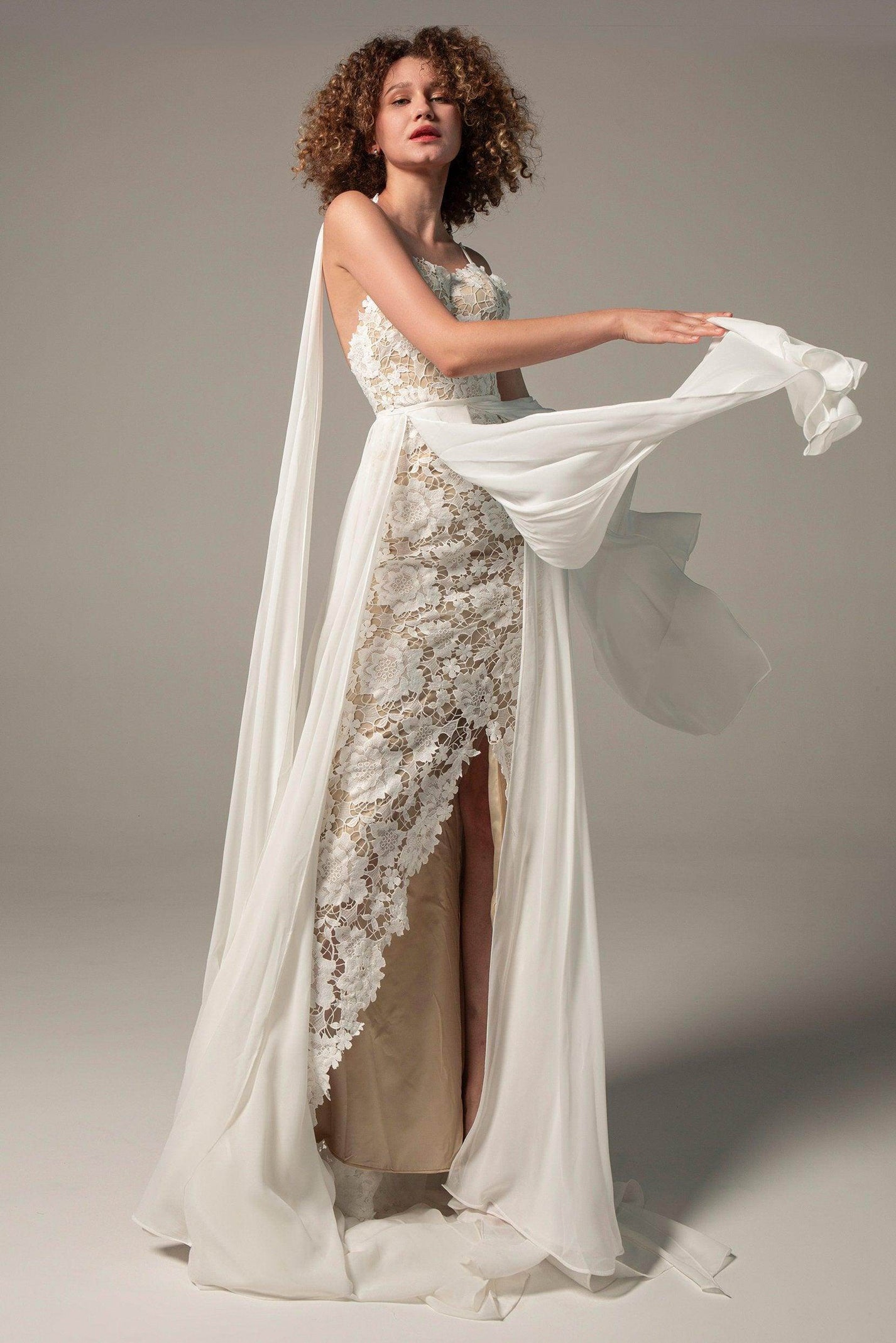 Sheath Sweep-Brush Train Chiffon Lace Wedding Dress VBCW2226