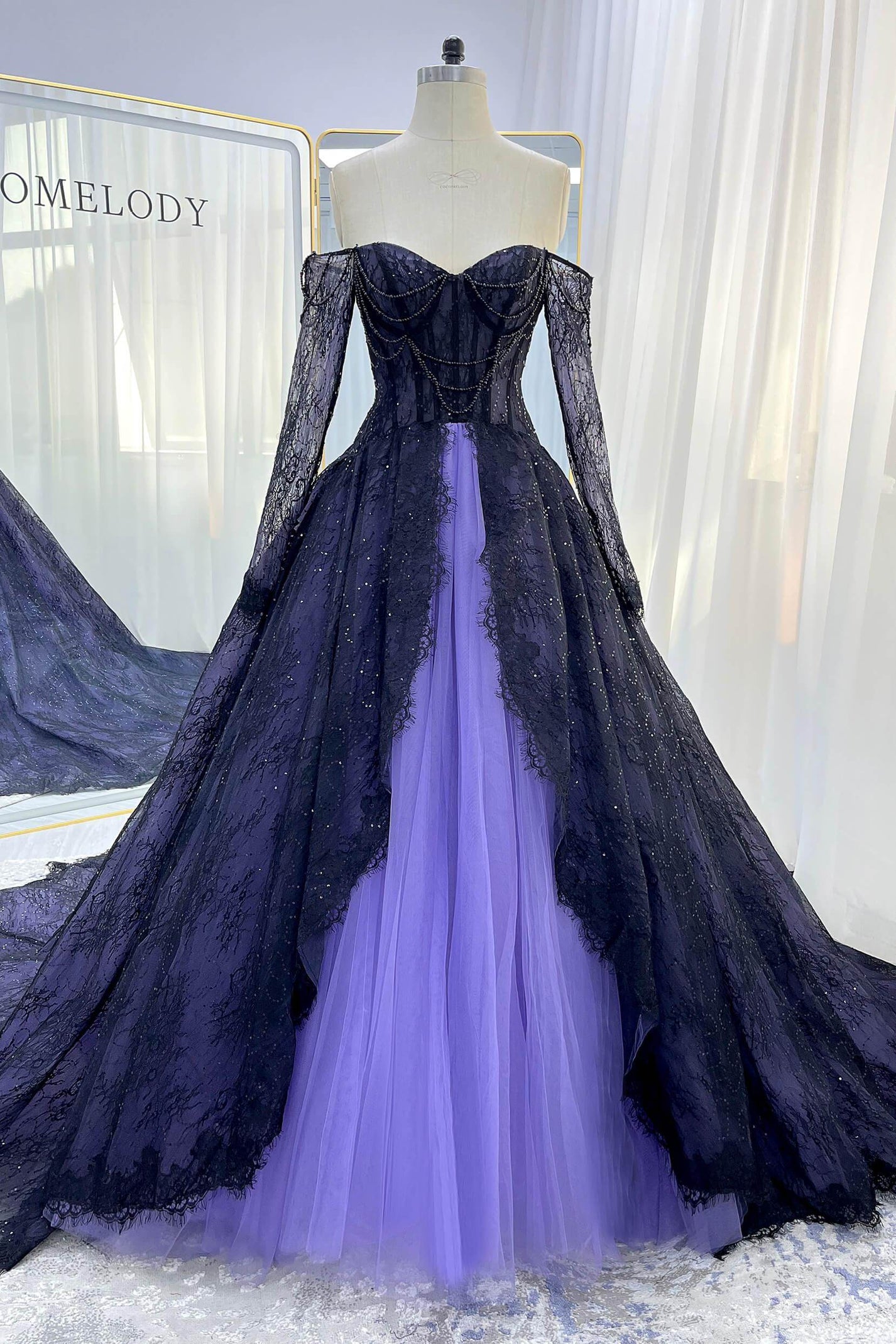 A-Line Chapel Train Sequined Lace Tulle Wedding Dress VBCW3351