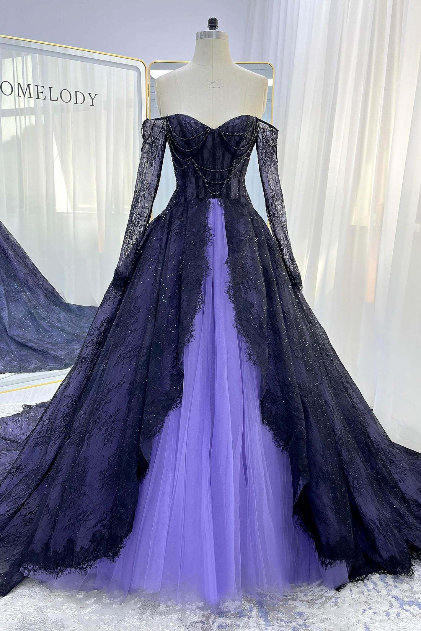 A-Line Chapel Train Sequined Lace Tulle Wedding Dress VBCW3351