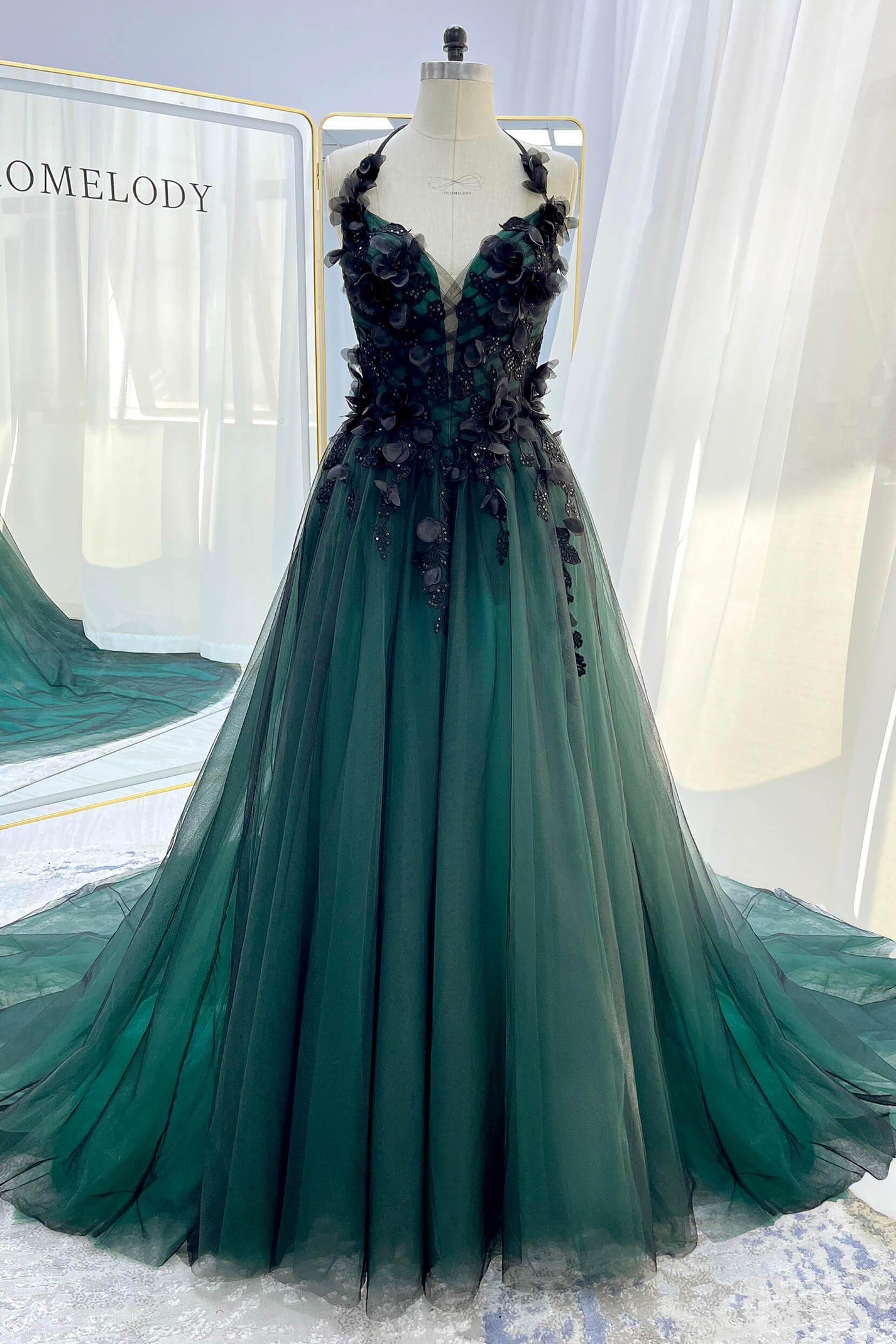 A-Line Chapel Train Sequined Lace Tulle Wedding Dress VBCW3347