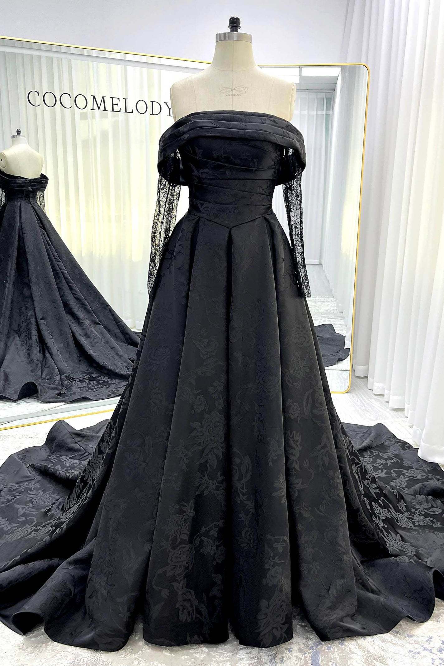 A-Line Court Train Jacquard Satin Lace Wedding Dress VBCW3526