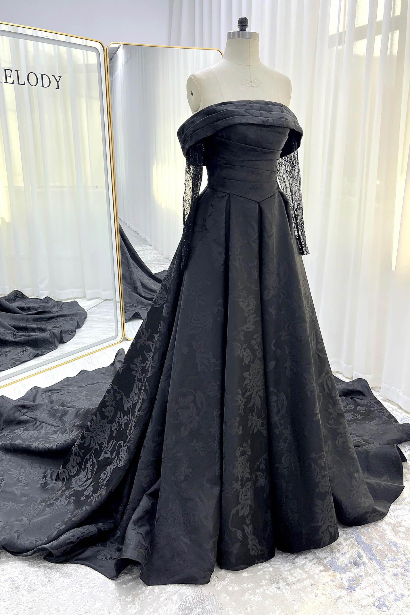 A-Line Court Train Jacquard Satin Lace Wedding Dress VBCW3526