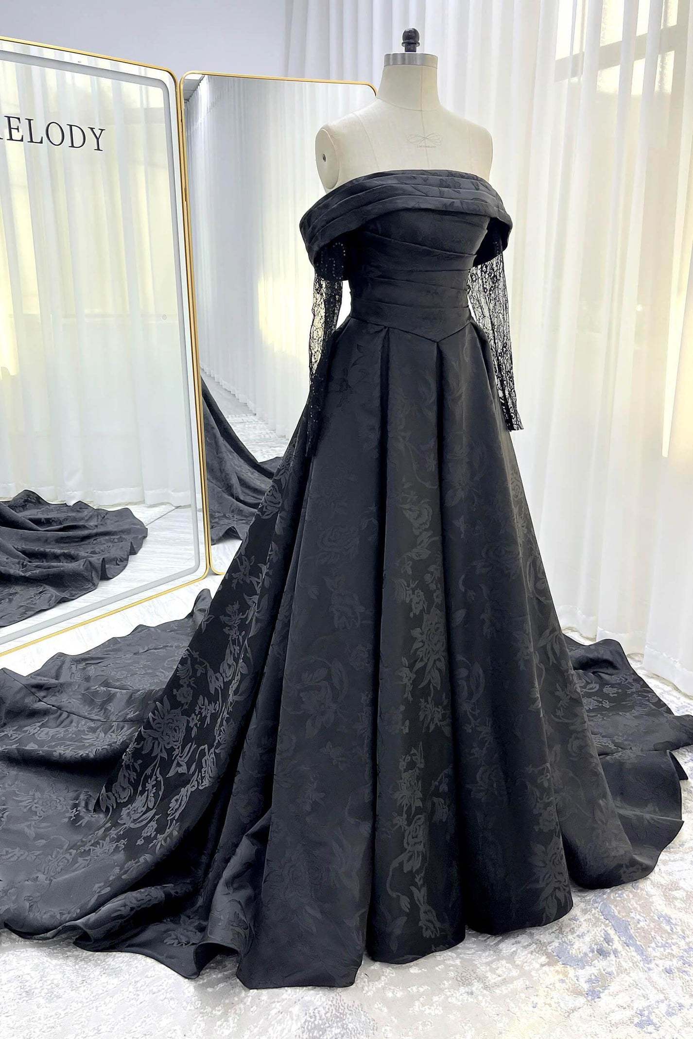 A-Line Court Train Jacquard Satin Lace Wedding Dress VBCW3526