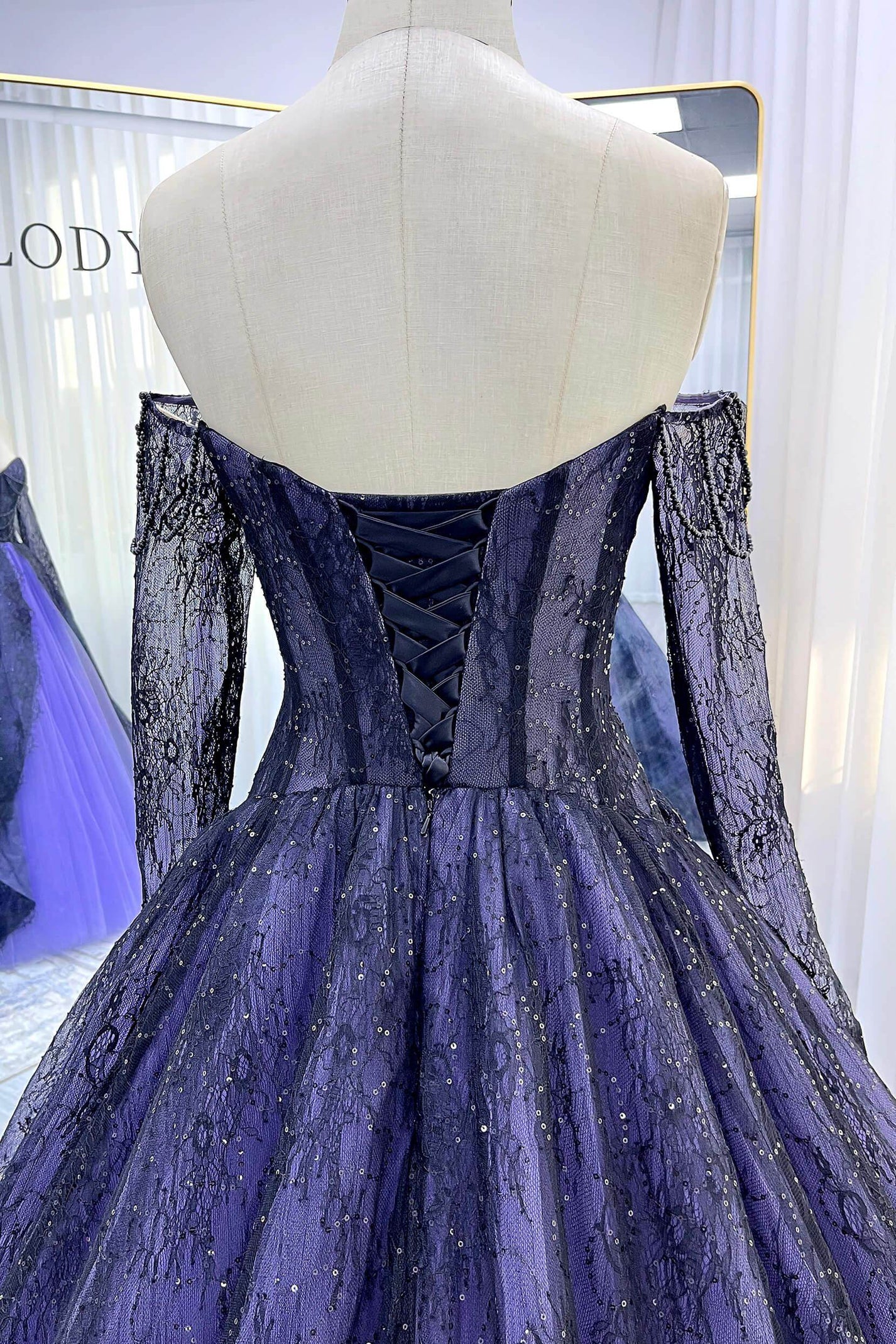 A-Line Chapel Train Sequined Lace Tulle Wedding Dress VBCW3351