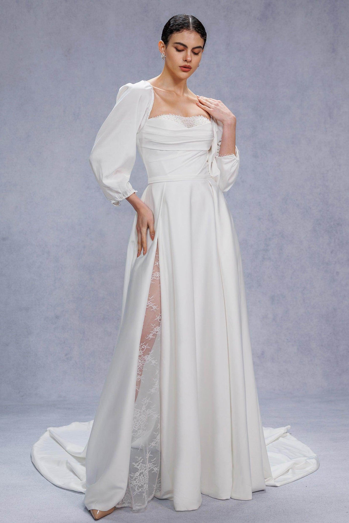 A-Line Court Train Satin Wedding Dress VBCW3329