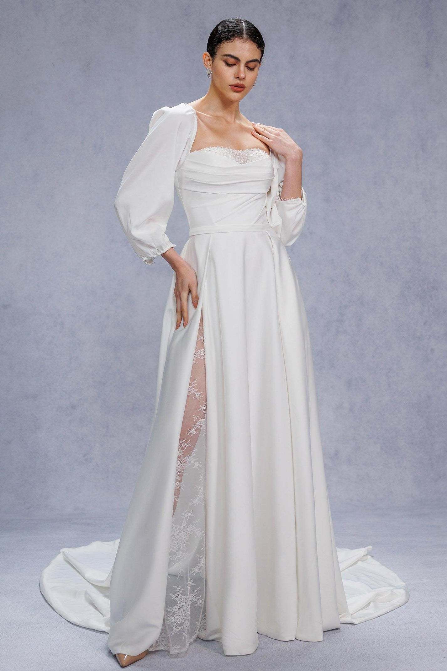 A-Line Court Train Satin Wedding Dress VBCW3329