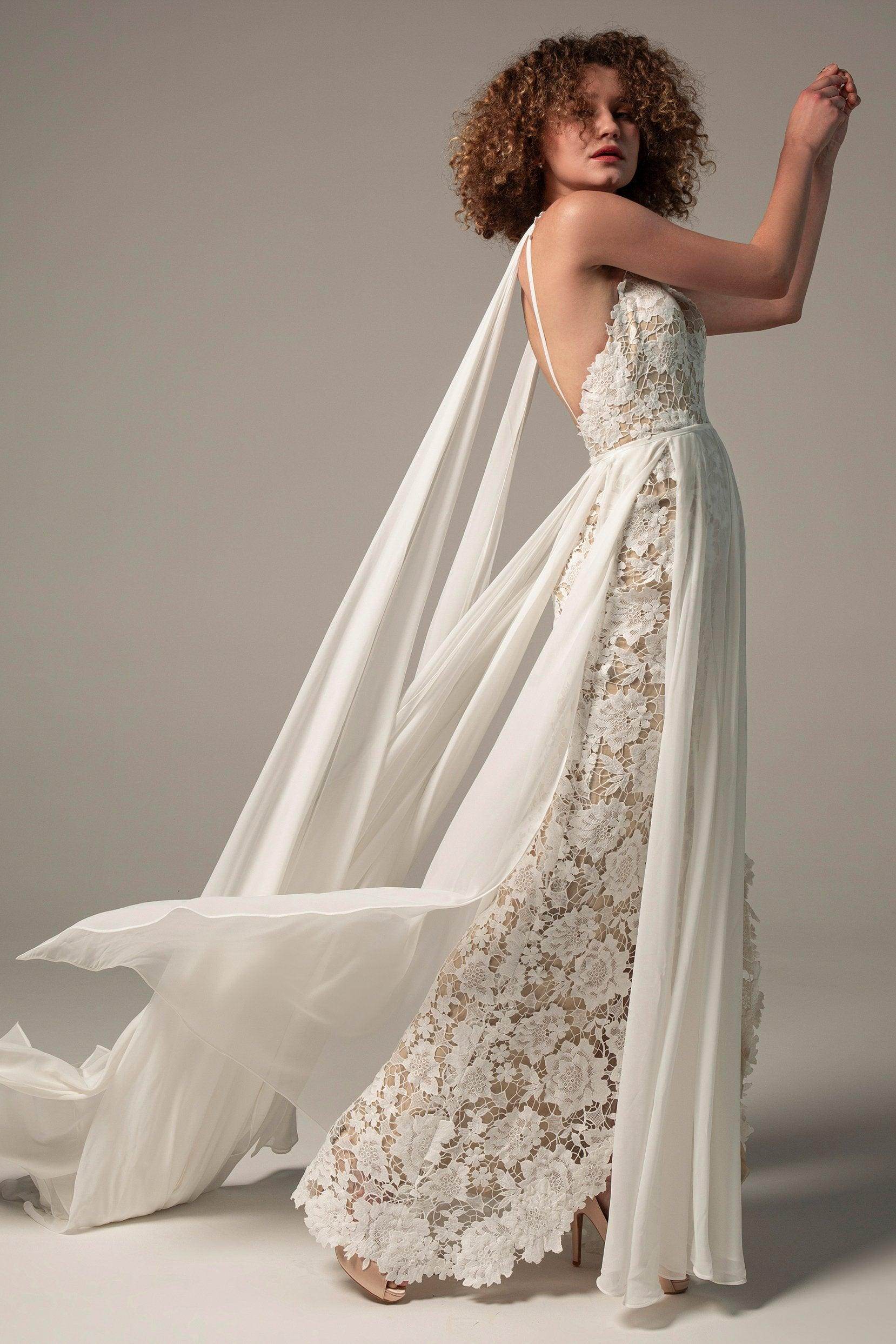 Sheath Sweep-Brush Train Chiffon Lace Wedding Dress VBCW2226