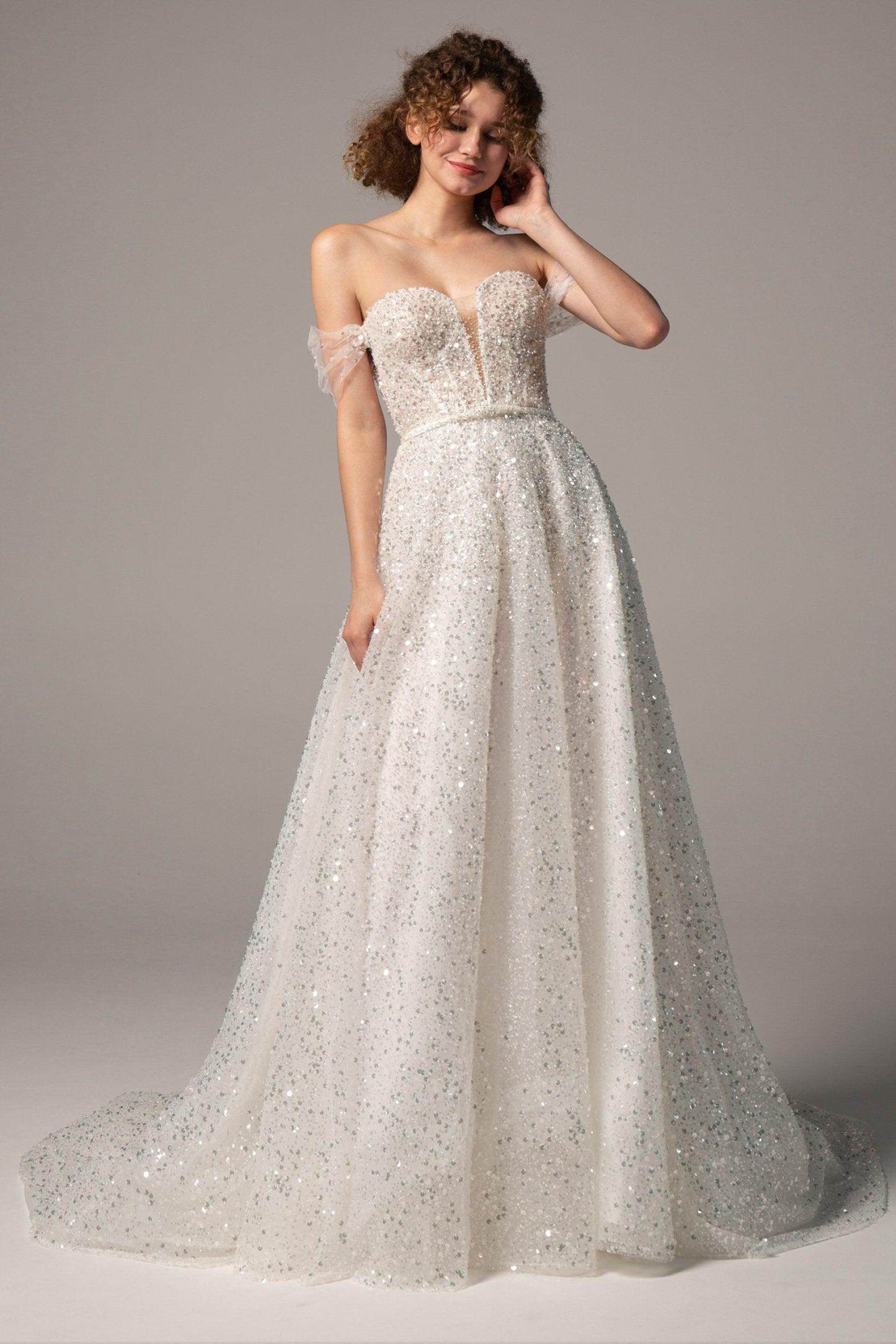 A-Line Court Train Sequined Wedding Dress VBCW2381