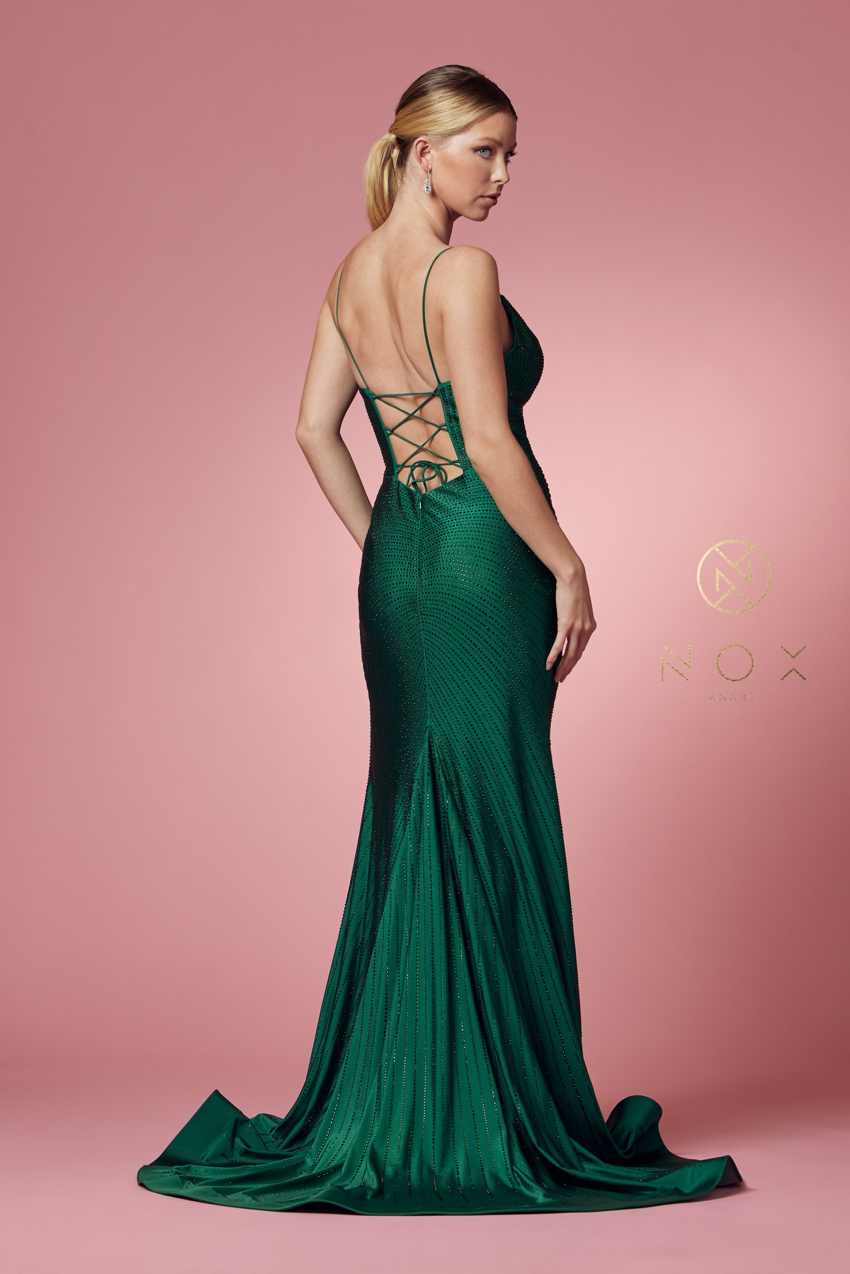Gorgeous V-Neckline Rhinestone Open Back Gown #E1038