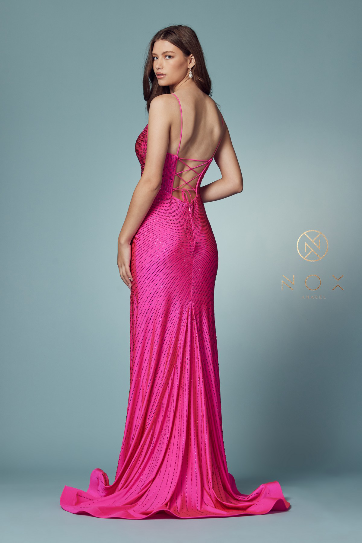 Gorgeous V-Neckline Rhinestone Open Back Gown #E1038