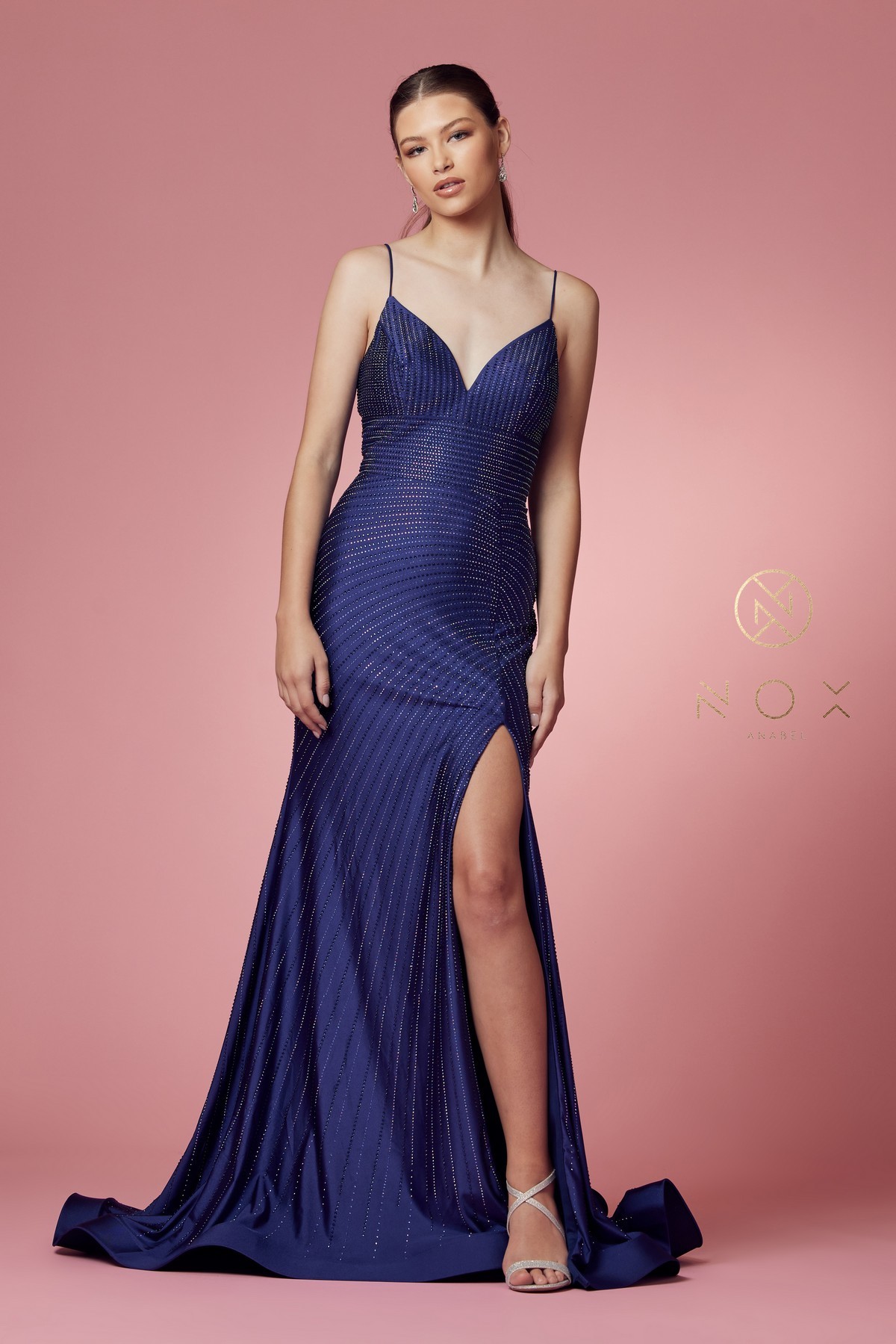 Gorgeous V-Neckline Rhinestone Open Back Gown #E1038