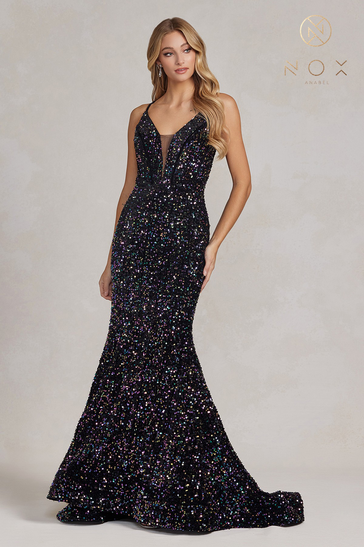 Limmering Mermaid Plunging V-Neckline Sequins Adorn Gown #C1109