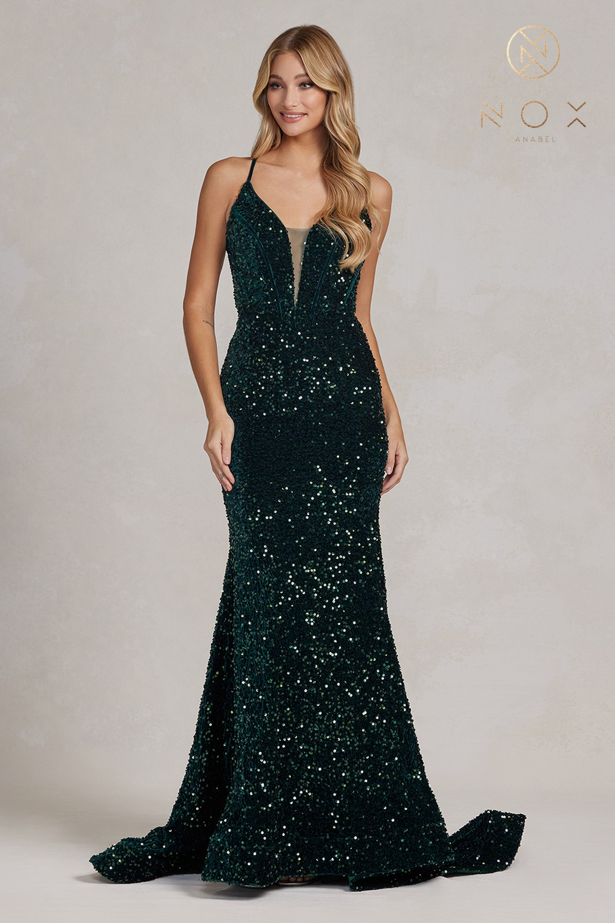Limmering Mermaid Plunging V-Neckline Sequins Adorn Gown #C1109