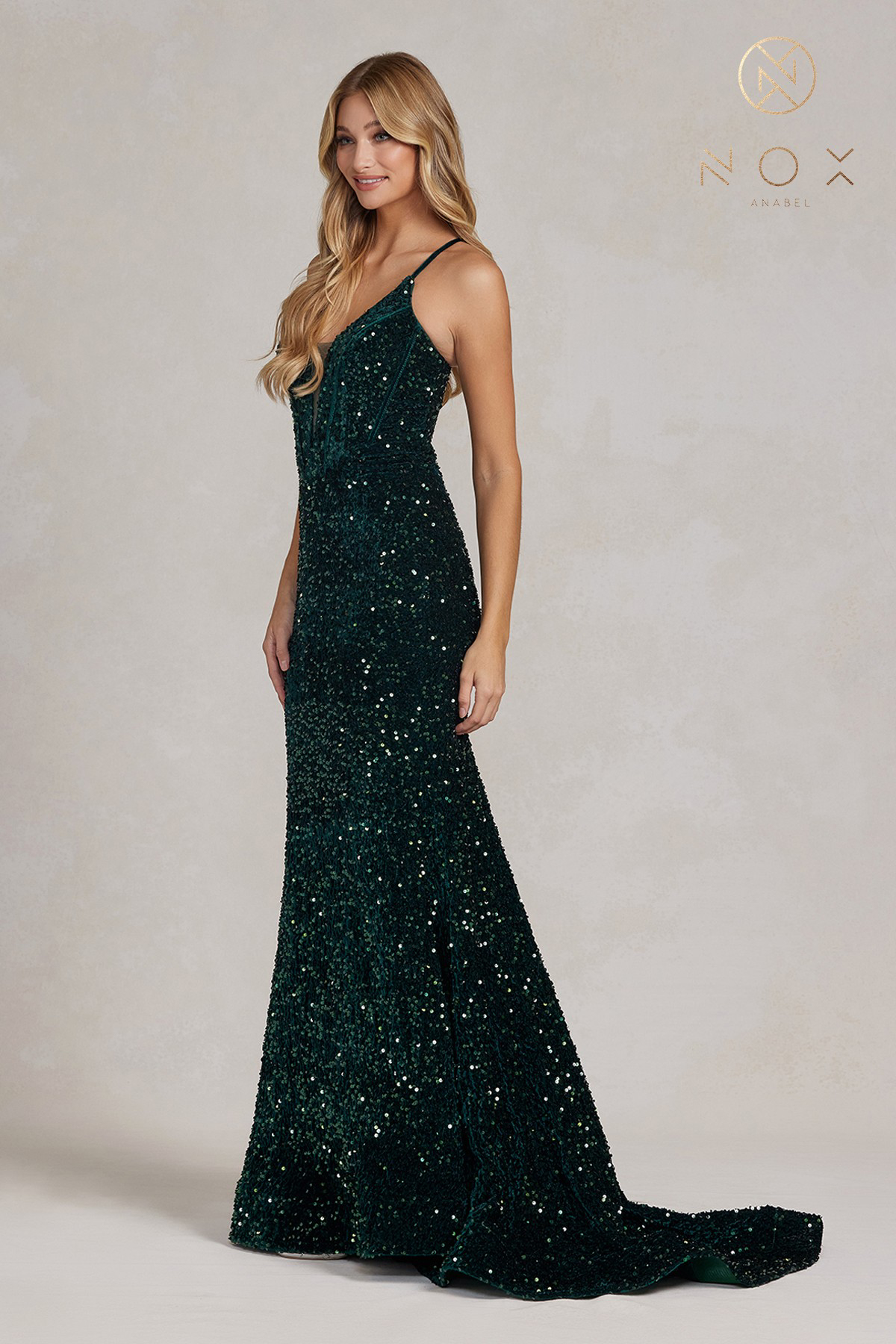 Limmering Mermaid Plunging V-Neckline Sequins Adorn Gown #C1109