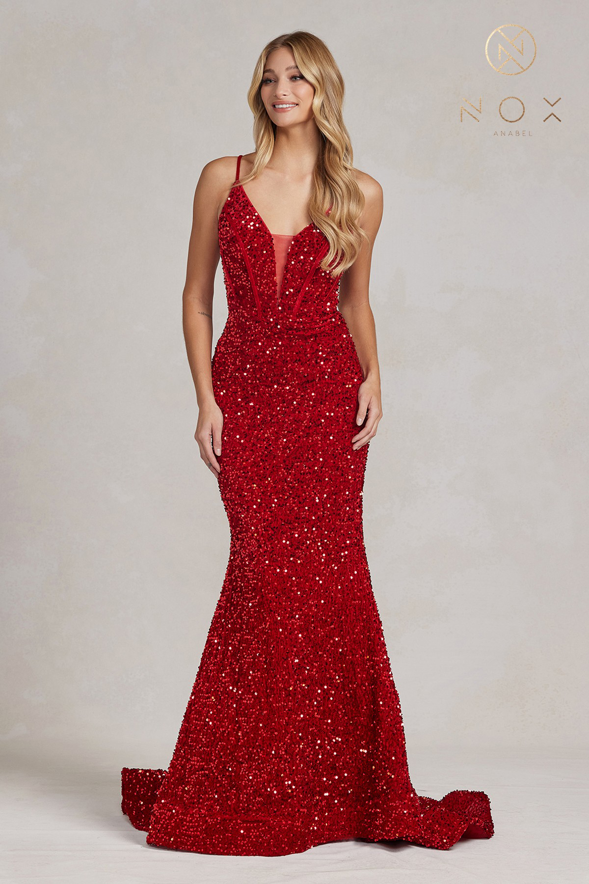 Limmering Mermaid Plunging V-Neckline Sequins Adorn Gown #C1109