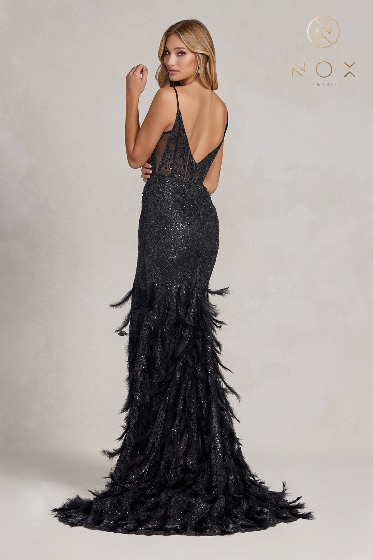 Chic A-Line V-Neckline Feathers Thin Spaghetti Straps Gown #C1119