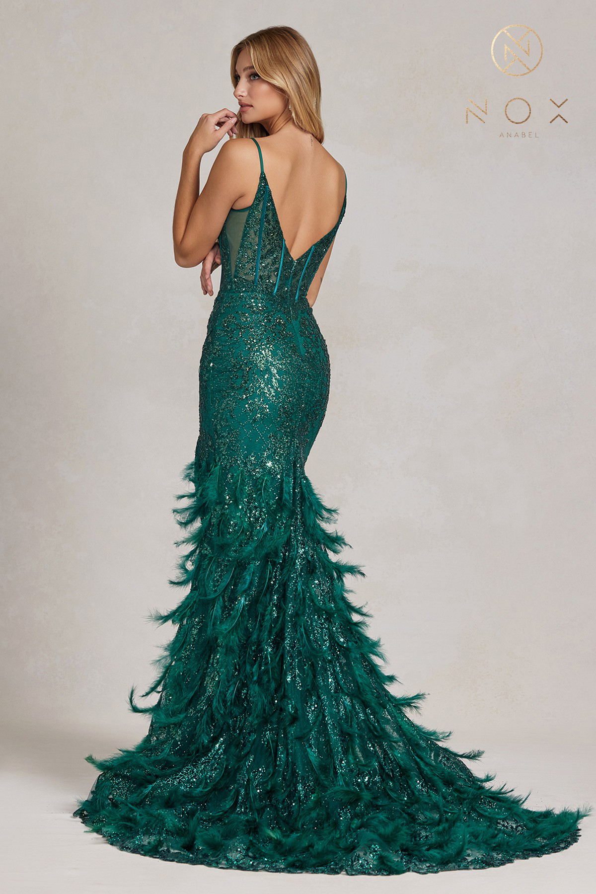 Chic A-Line V-Neckline Feathers Thin Spaghetti Straps Gown #C1119