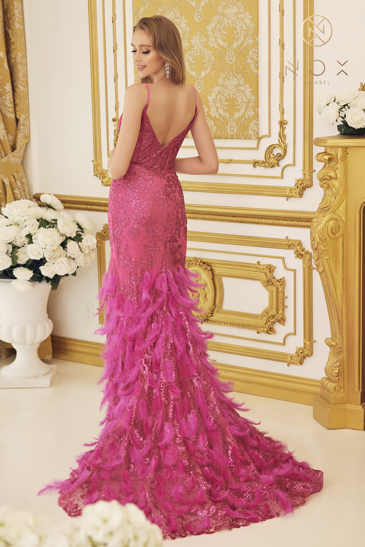 Chic A-Line V-Neckline Feathers Thin Spaghetti Straps Gown #C1119