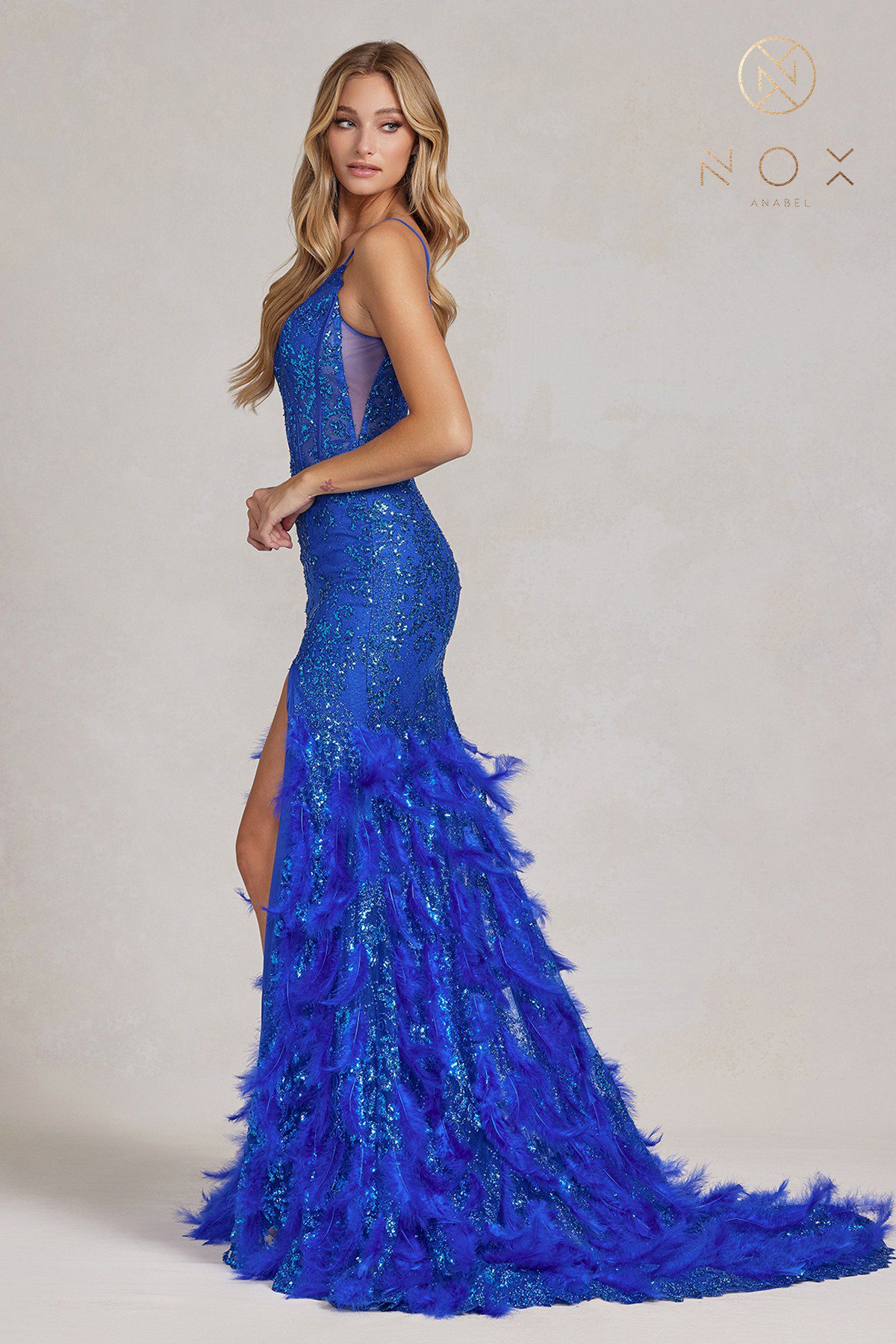 Chic A-Line V-Neckline Feathers Thin Spaghetti Straps Gown #C1119
