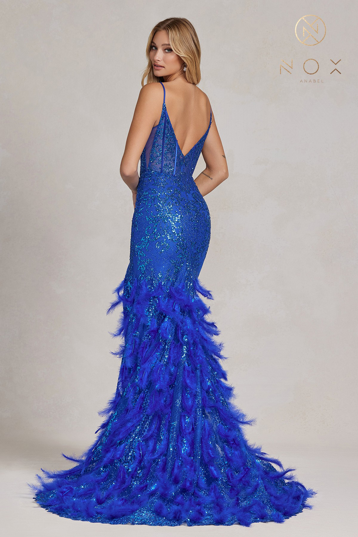 Chic A-Line V-Neckline Feathers Thin Spaghetti Straps Gown #C1119