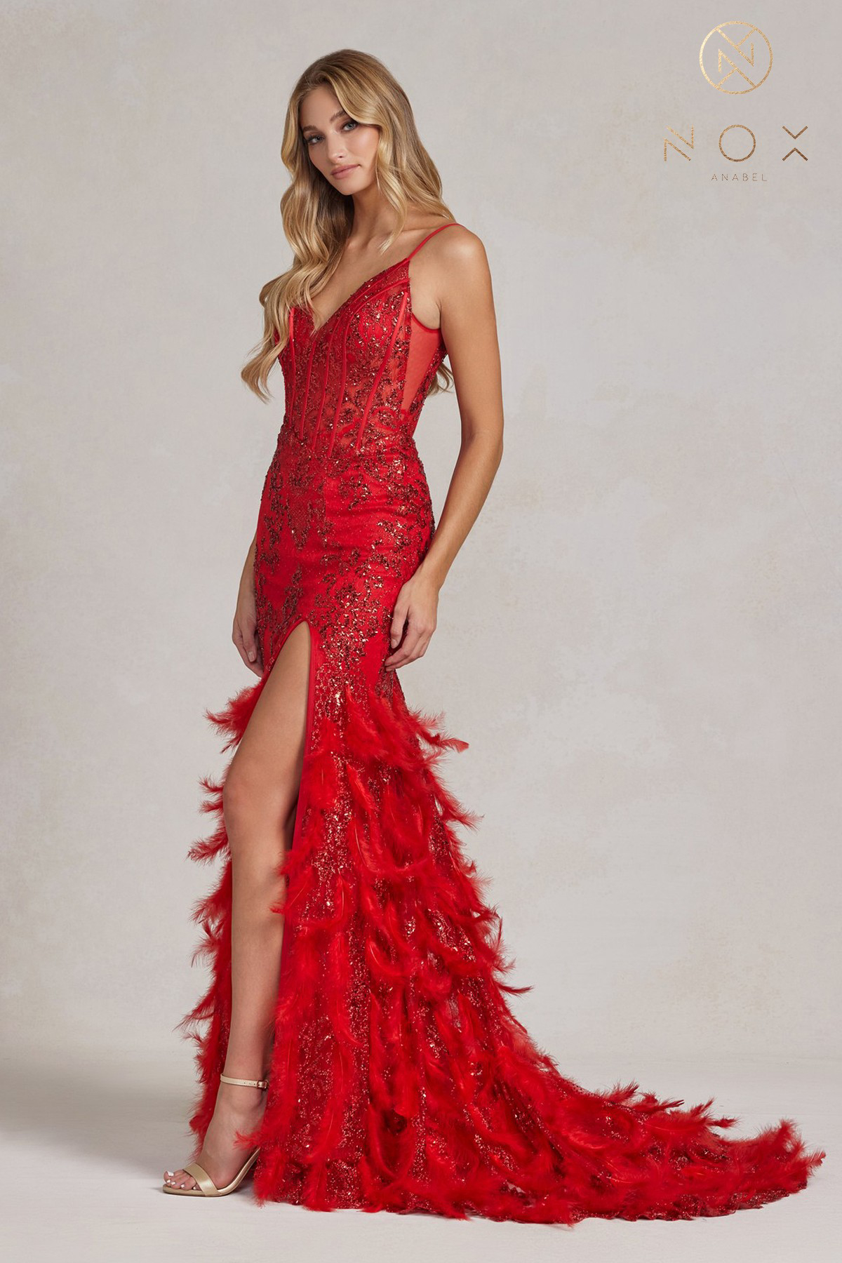 Chic A-Line V-Neckline Feathers Thin Spaghetti Straps Gown #C1119